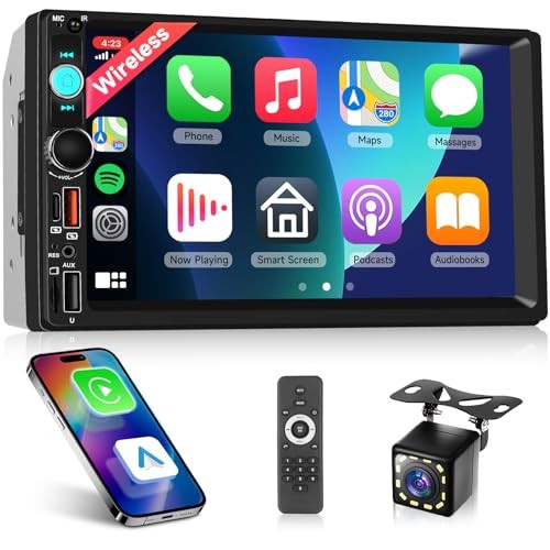 Upgraded Double Din Car Stereo with Wireless Carplay Android Auto, 7 Inch IPS