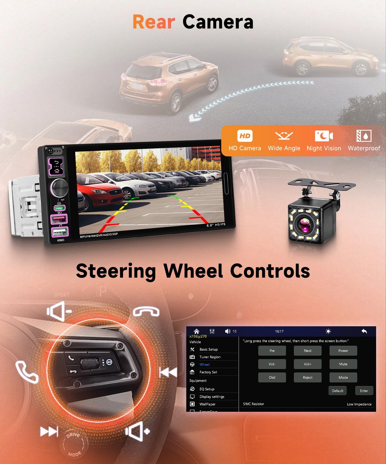 6.9 inch Single Din Car Stereo Wired Carplay Android Auto Car Radio with Blue…