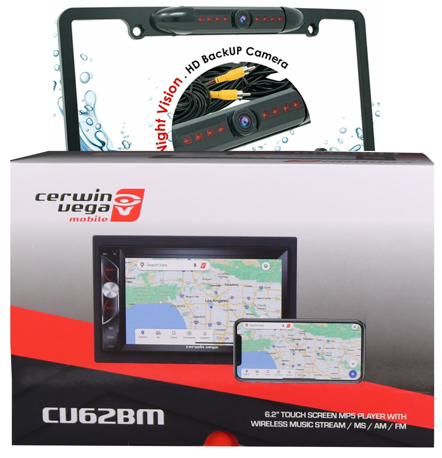 Cerwin Vega CV62BM 6.2″ Touchscreen MP5 Player + License Plate Camera XV-30LCC