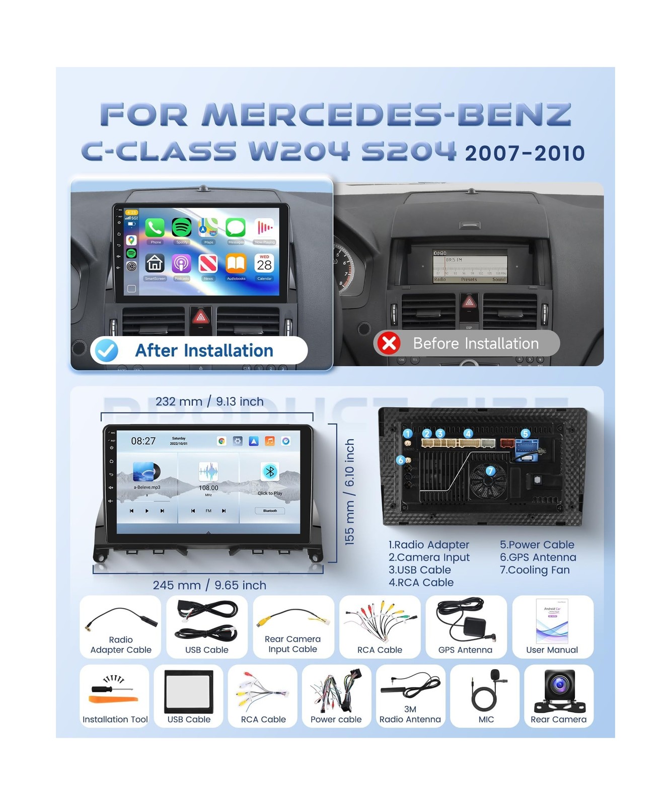 8 Core 4G+64G Car Stereo Radio for Mercedes Benz C-Class C180/C200/C230/C250/…