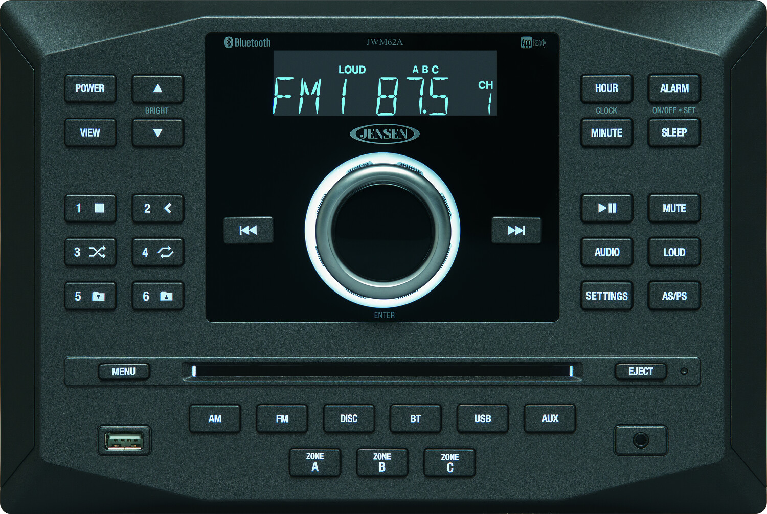 Jensen JWM62A Wallmount Bluetooth RV Stereo with App Control, DVD|CD|USB|AUX|RCA