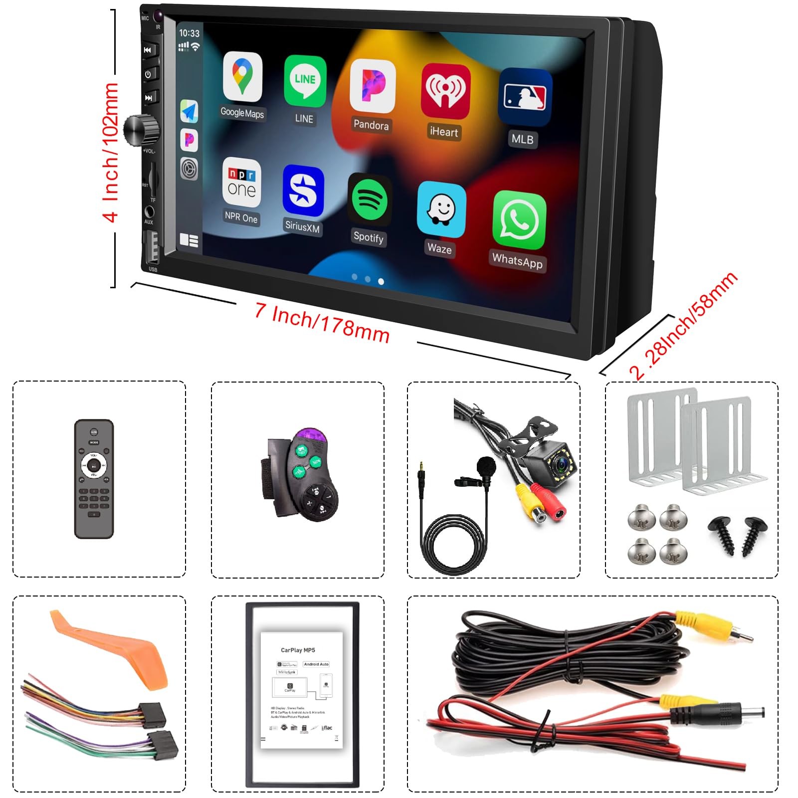 Wireless Double Din Car Stereo Works with Apple Carplay,7 Inch HD 1024 * 600 …
