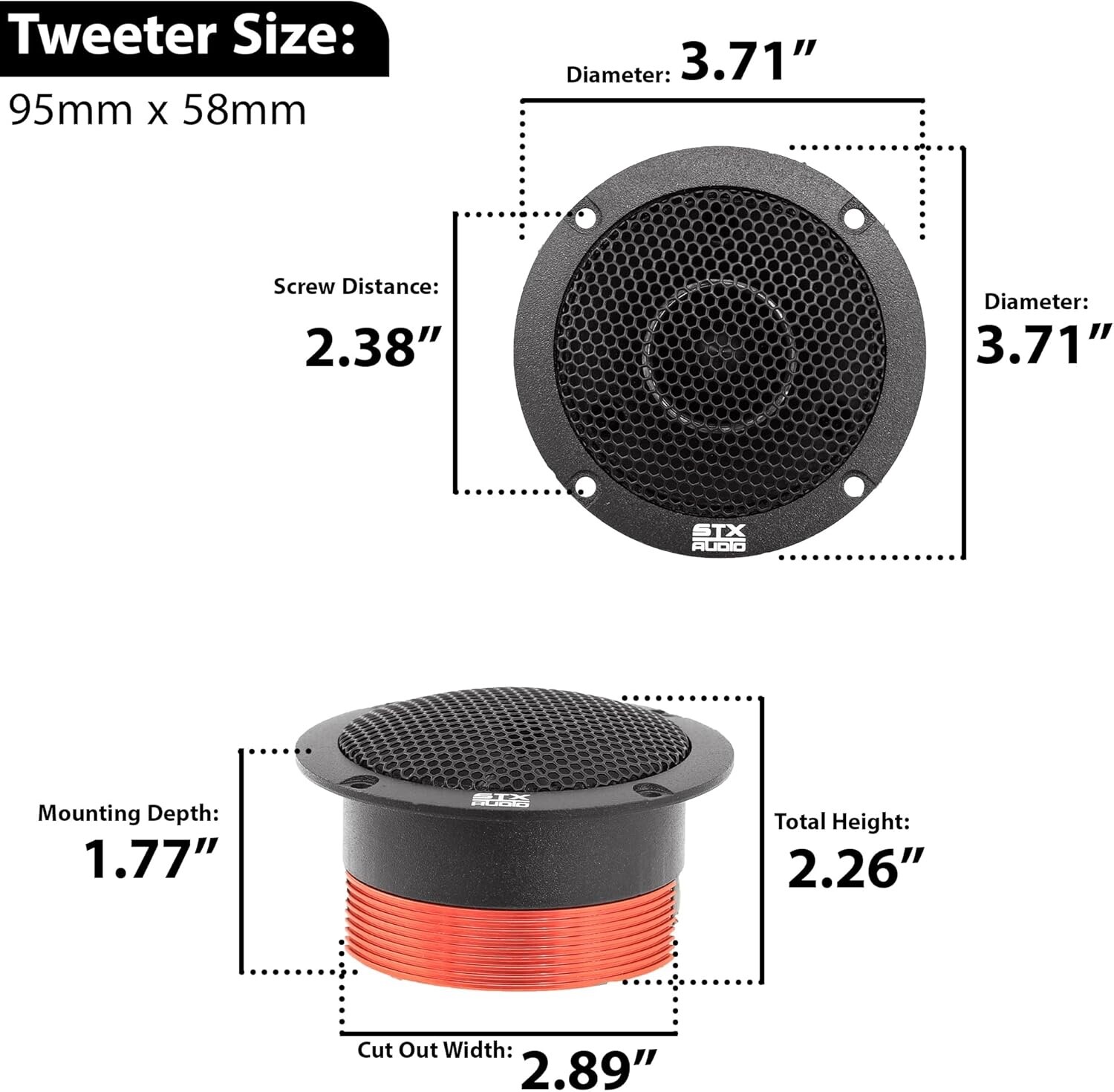 2x STXAudio 3.71 INCH Super Tweeter, 4 Ohm, 1000W Max, 105dB, Titanium, CCAW
