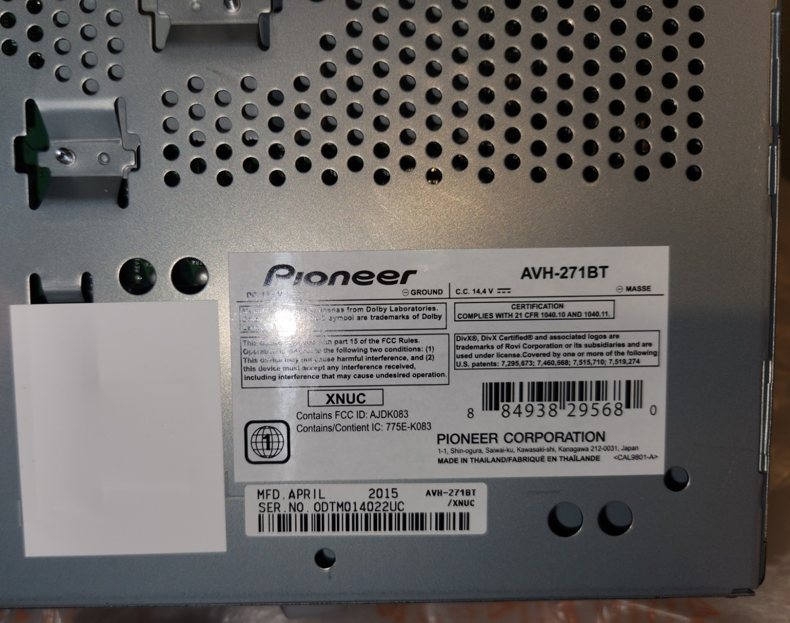 Pioneer AVH-271BT DVD RDS AV Receiver Aux USB IPod IPhone Bluetooth Radio NEW