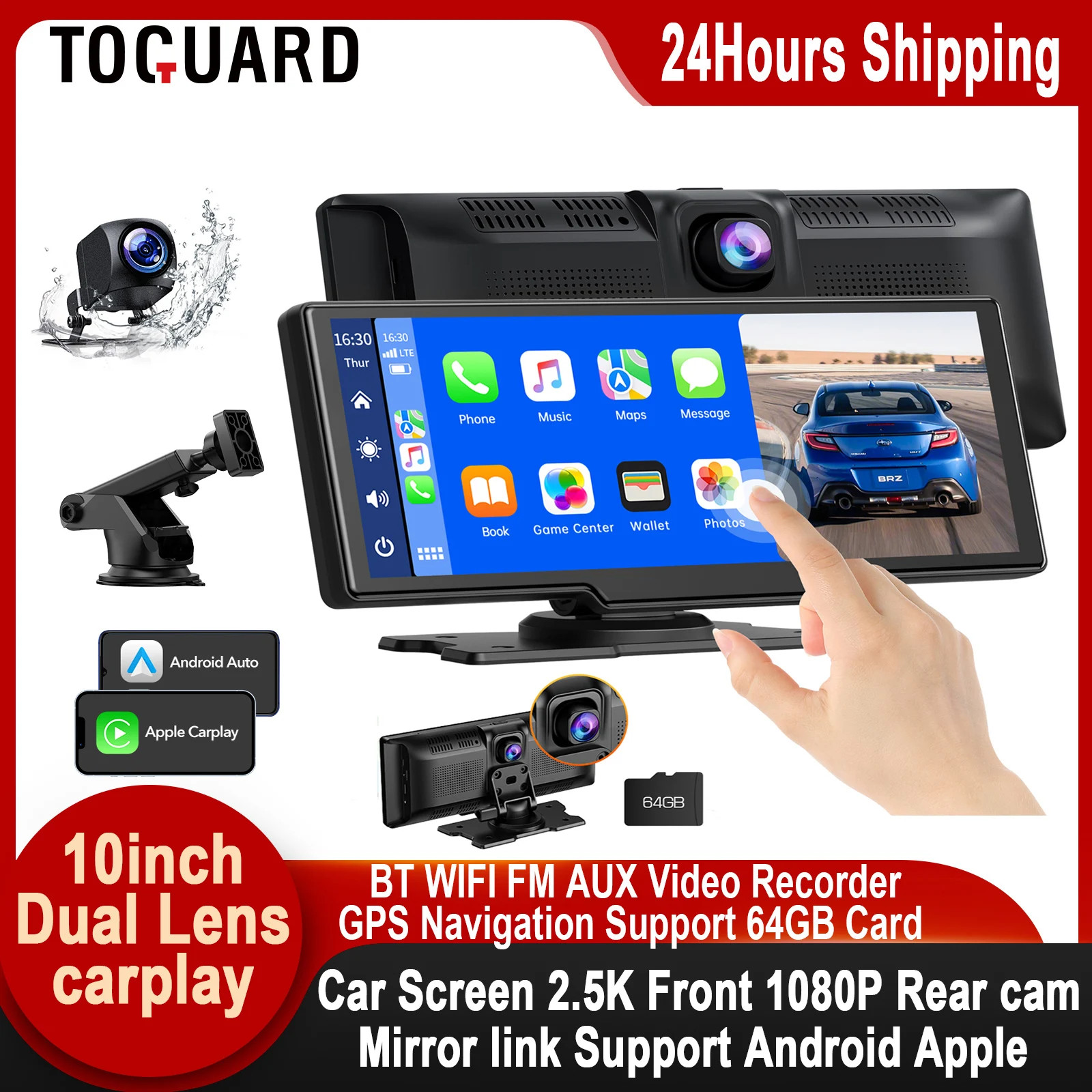 10.2″ Wireless Carplay Monitor Screen Android Auto DVR Front Rear Cam Rearview