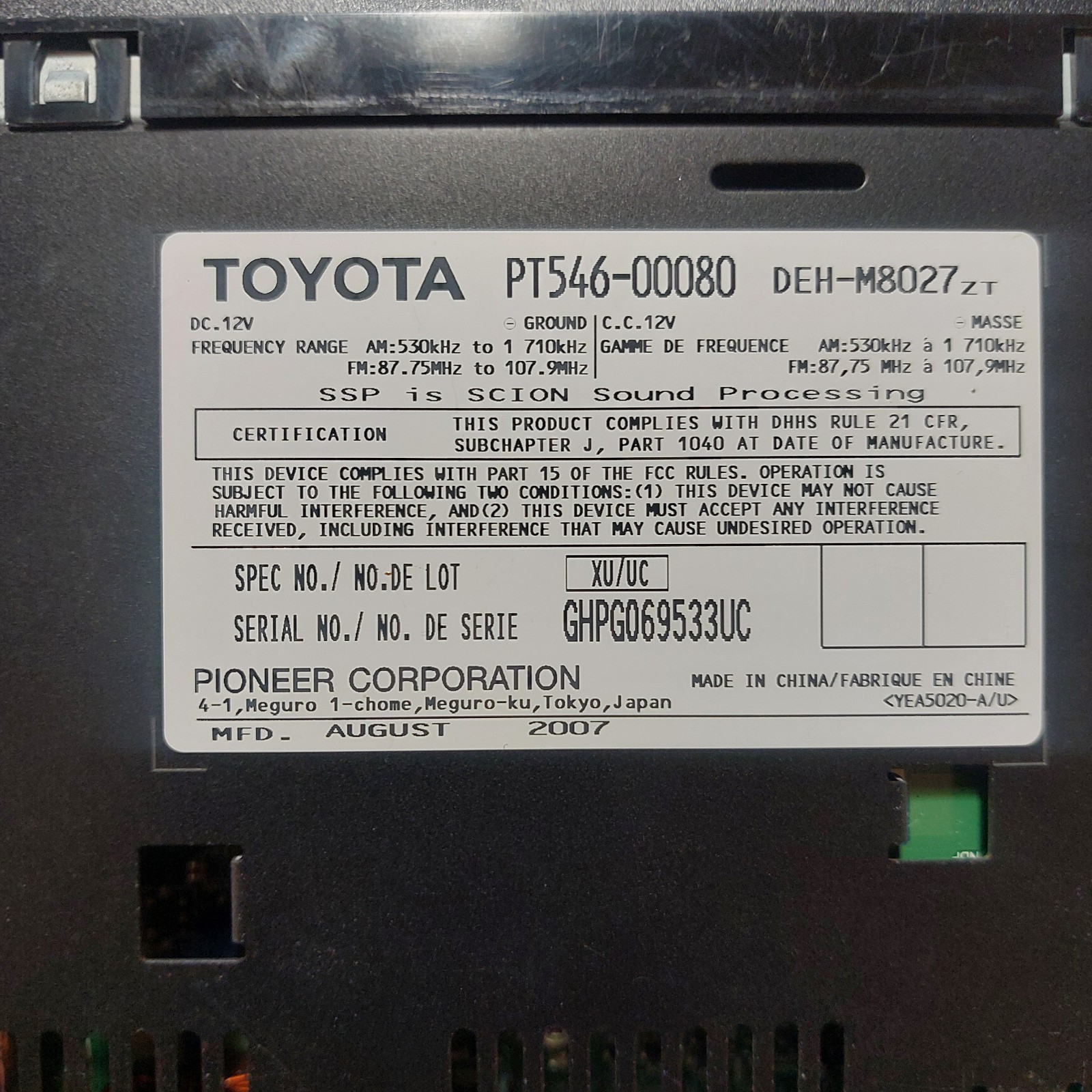 Pioneer T1808 AM FM SAT iPod CD Player In-dash Designed for ’08-’14 Toyota Scion
