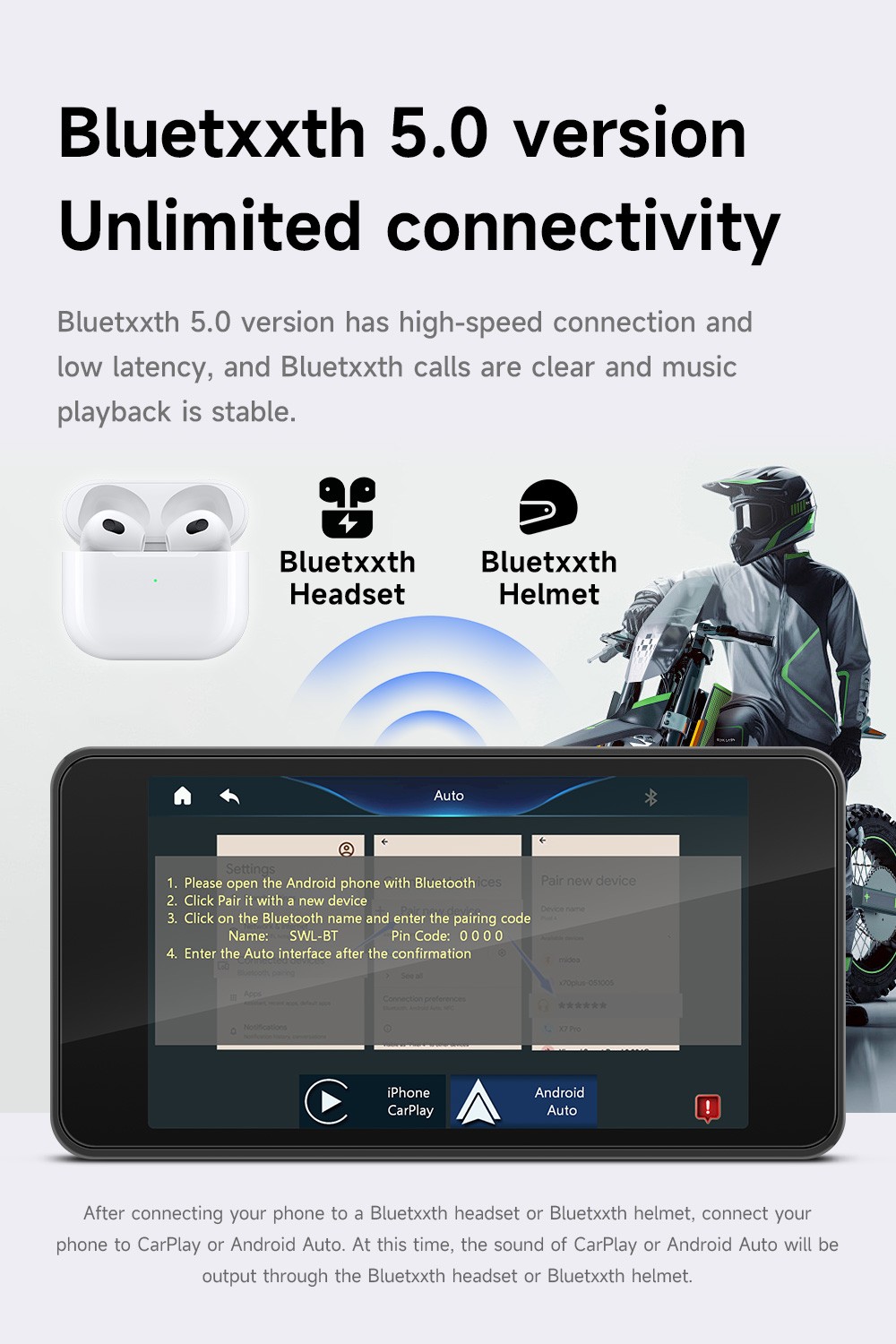 5″ Waterproof Motorcycle Navigator Portable Wireless CarPlay Android Auto Screen