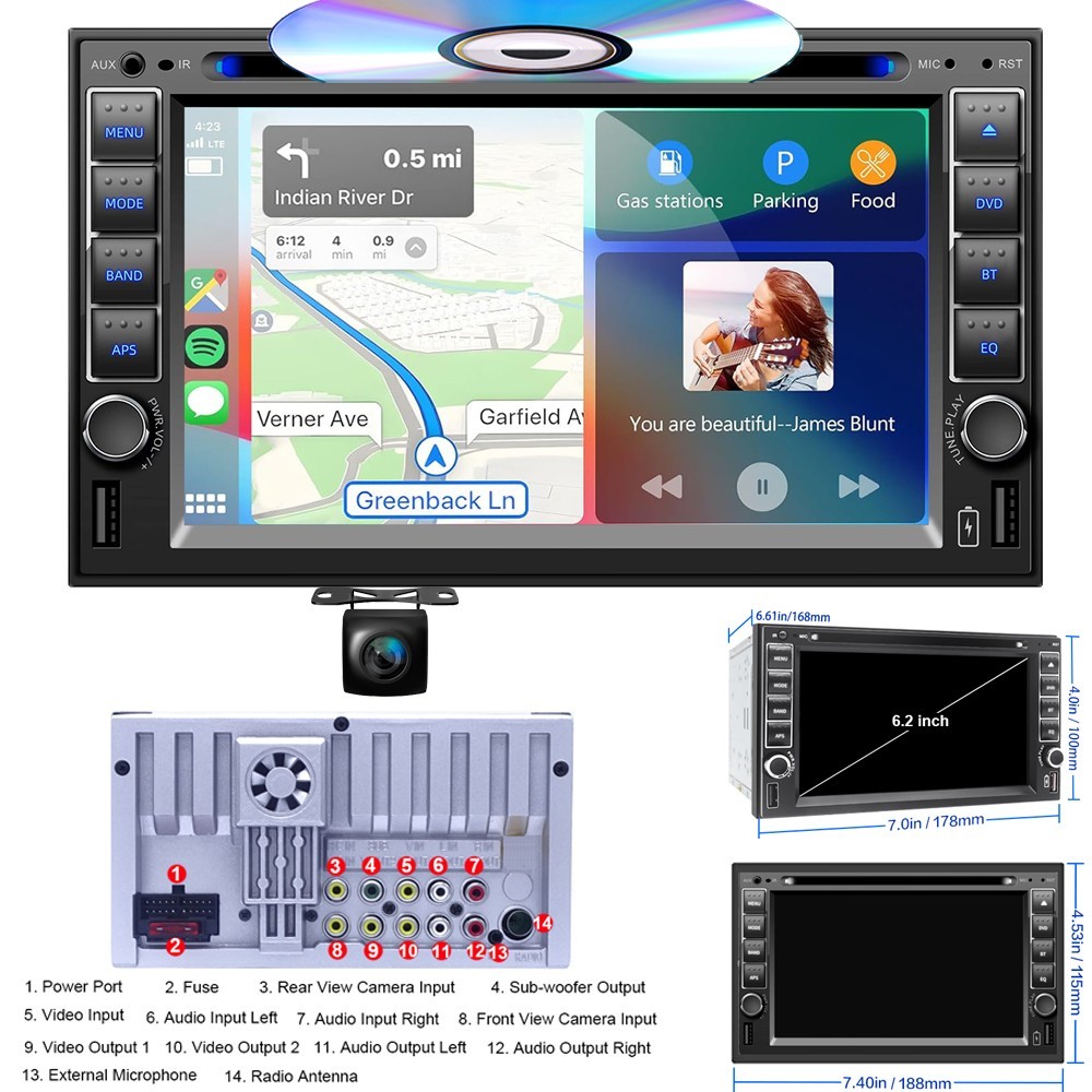 6.2″ Double 2Din Car Stereo Carplay GPS Radio Touch Screen CD DVD Player+CAMERA