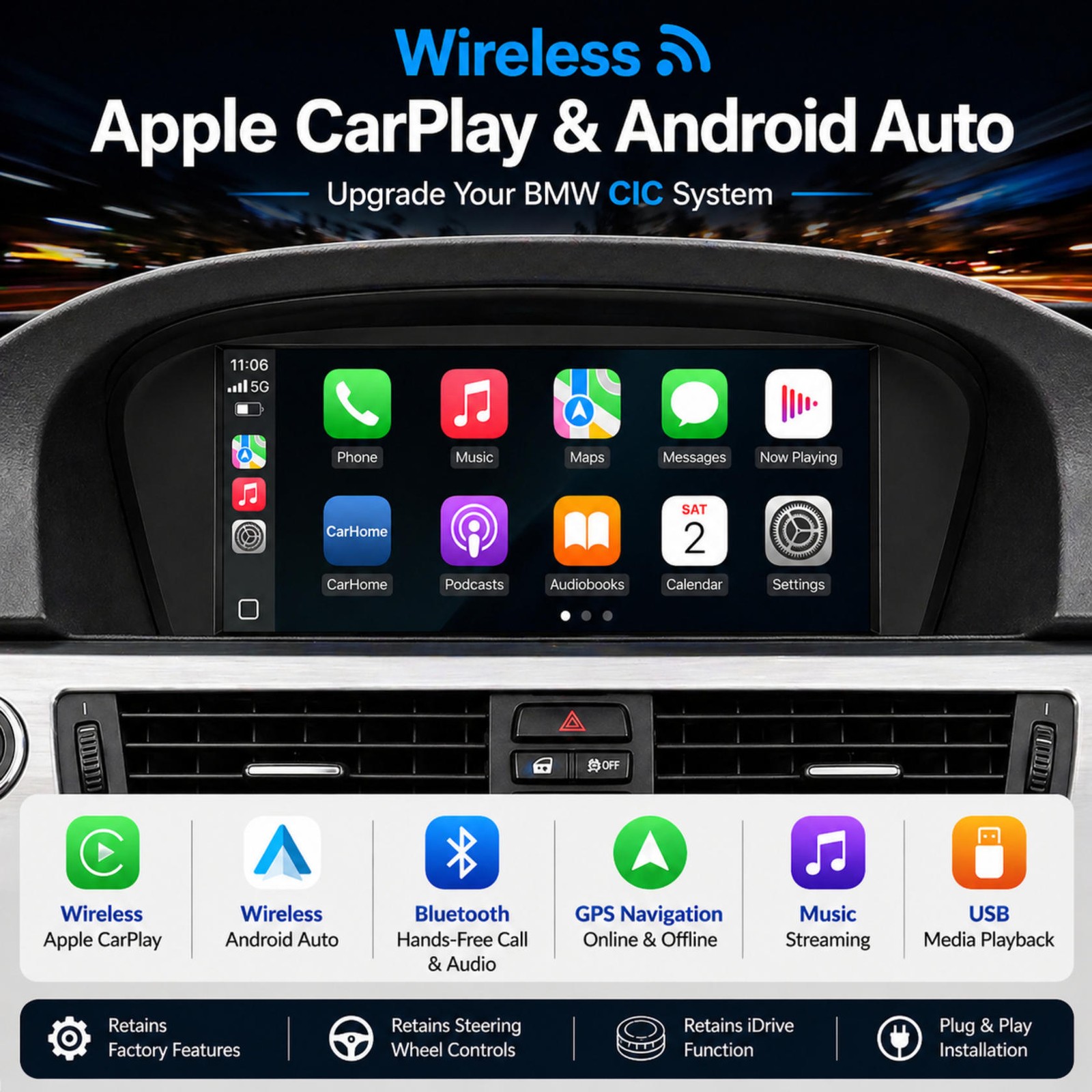 8.8″ Linux Wireless CarPlay Android Auto Screen BMW E90 E60 E63 CIC 2009-2013