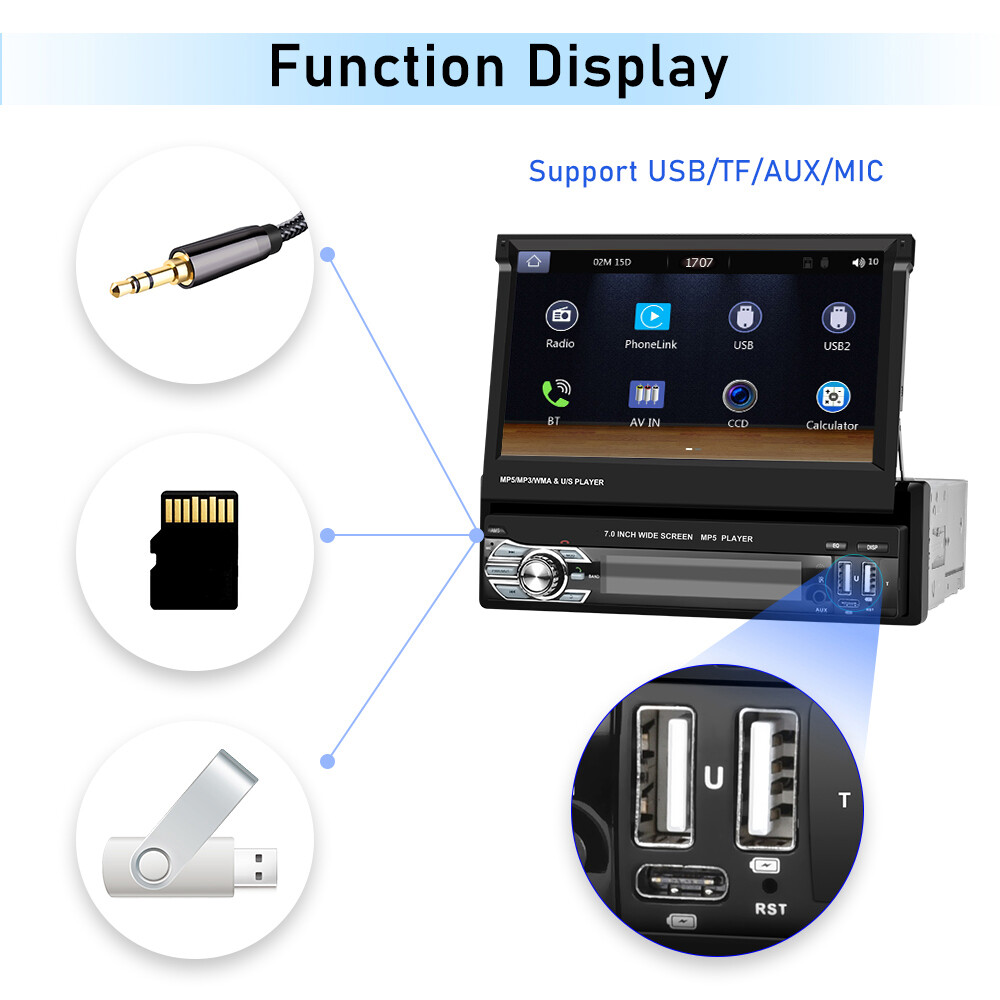 7″ Single 1 DIN Car Stereo Radio Apple Carplay Android Auto Navi Flip Out Screen