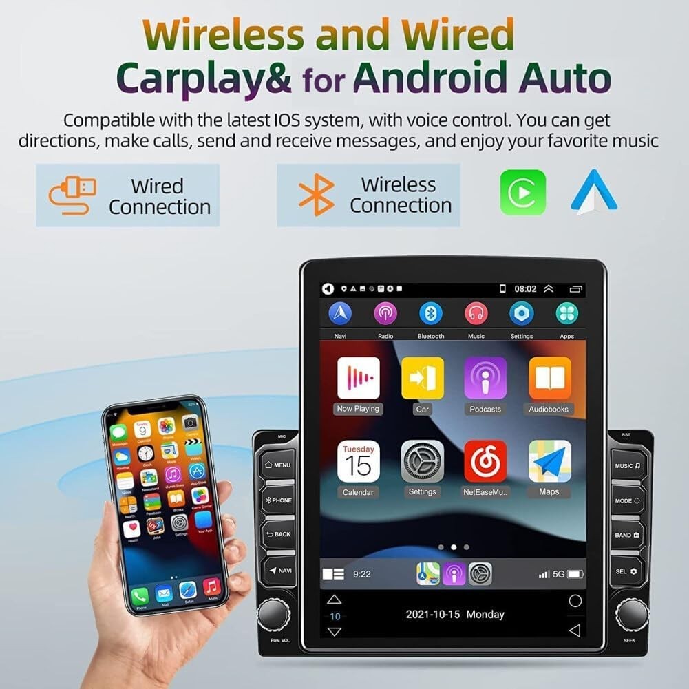 9.7” Double Din Android Car Stereo with Wireless Carplay Android Auto, Vertical