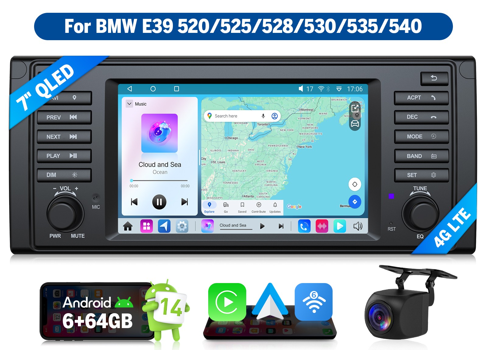 For BMW 5 Series E39 M5 E39X7S 7″ Android 14 6+64GB GPS Car Stereo Radio CarPlay