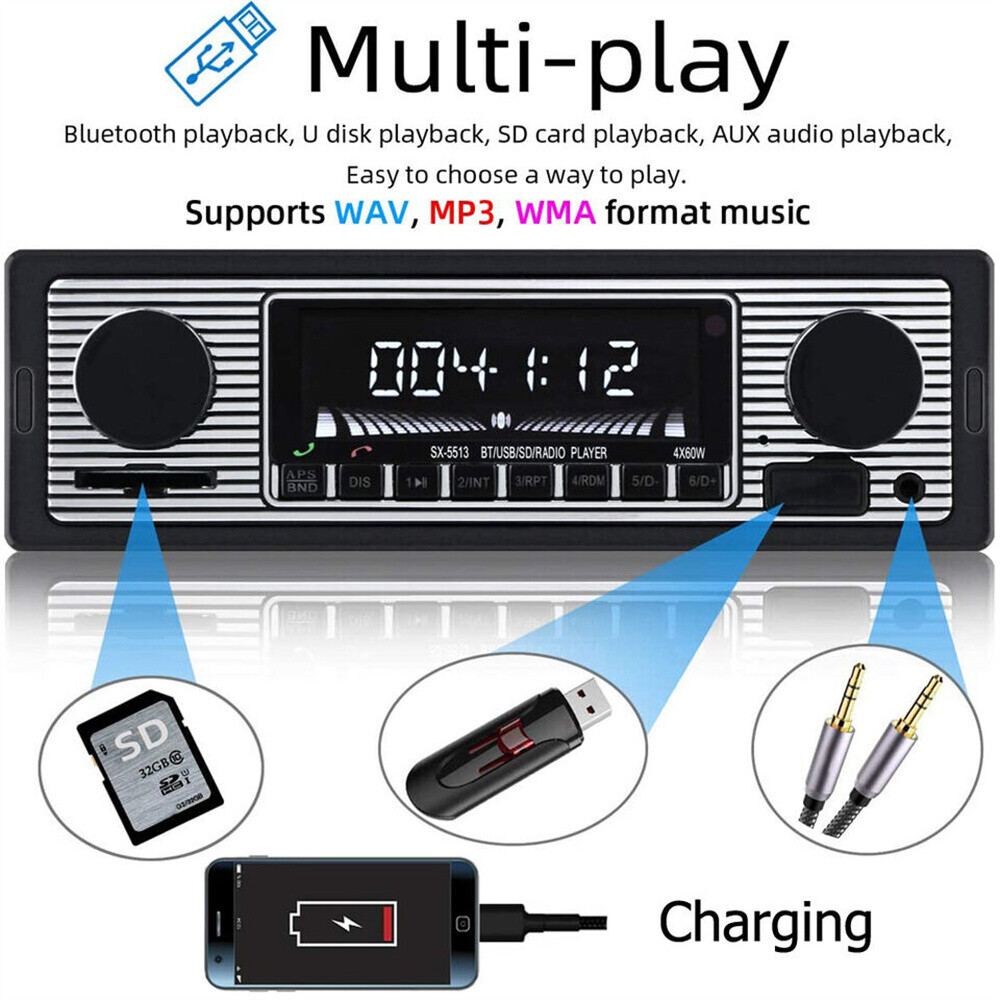 Vintage Car FM Radio MP3 Player Bluetooth USB Classic Stereo Audio Receiver AUX