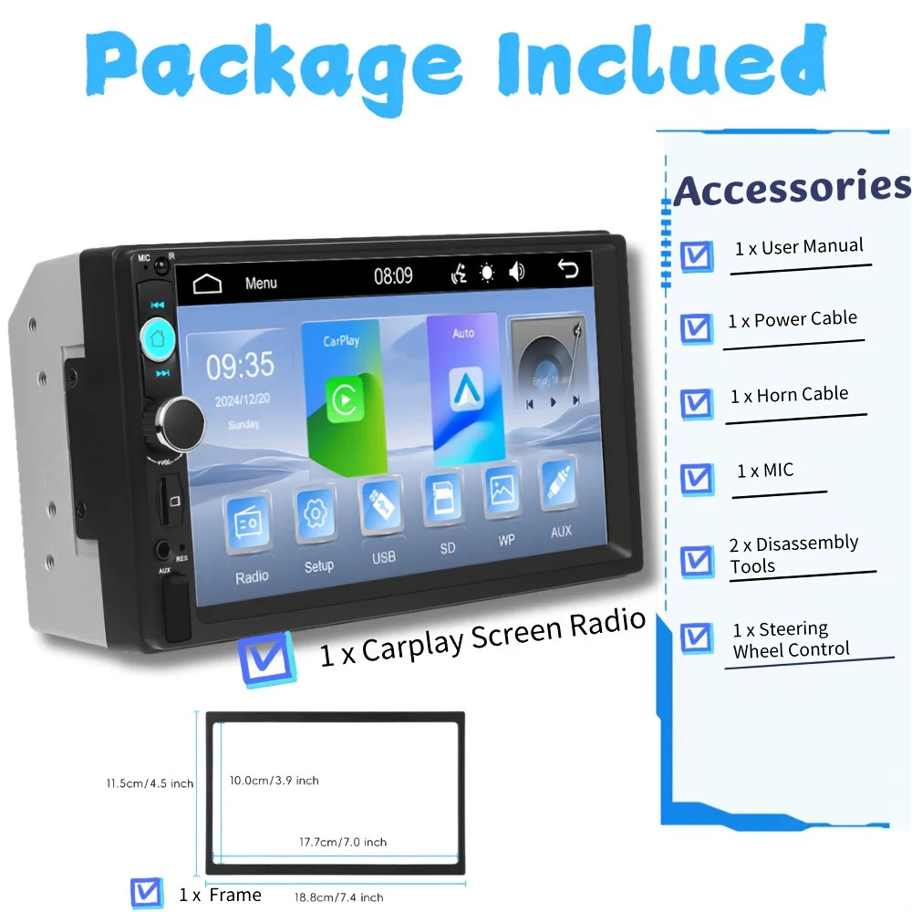Double 2 Din 7” Car Stereo Touchscreen Car Radio Apple CarPlay Android Auto BT
