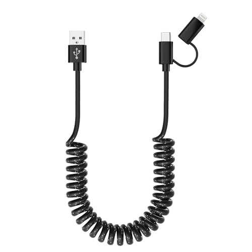 USB to USB-C and Lightning Cable Combo 2 in 1 Coiled Cable Support Apple Black