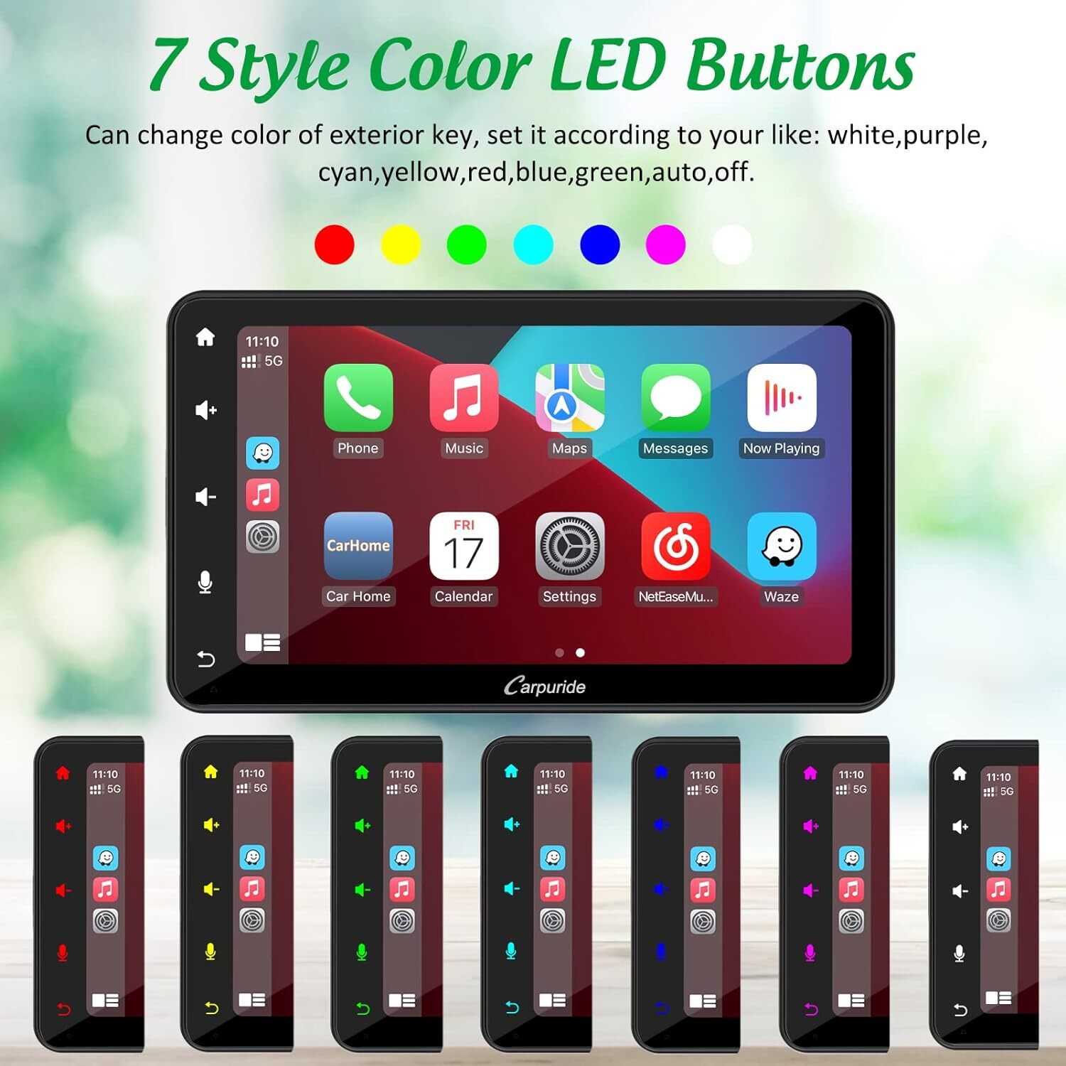 Carpuride 7” Wireless Carplay Android Auto Car Radio Mirror Link Color Light Key