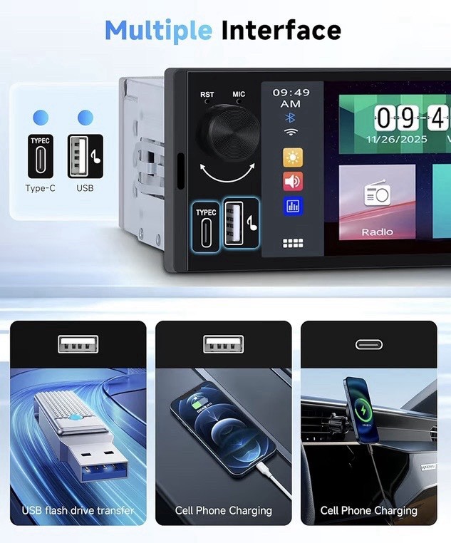 Universal Single DIN Car Stereo 6.3” Touch Screen Bluetooth FM USB Backup Camera