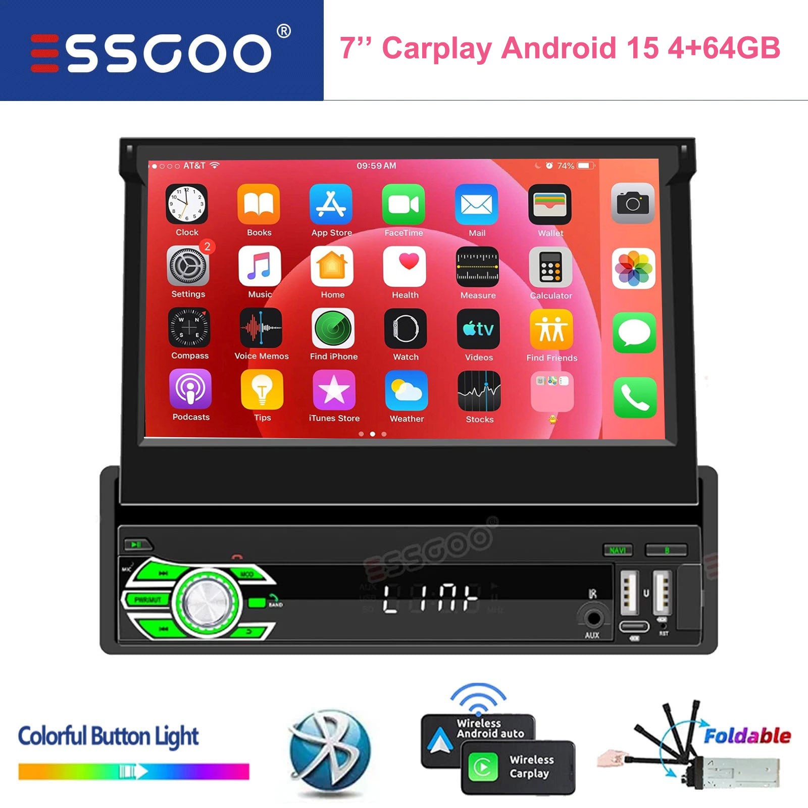 7″ Car Stereo Radio 1 DIN CarPlay Android 15 4+64GB GPS NAV Flip Out Screen WIFI