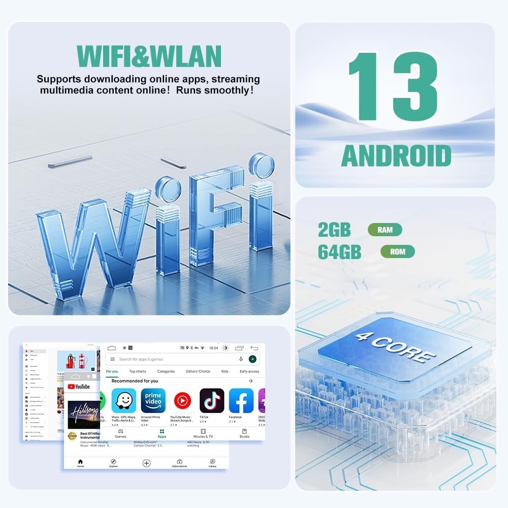 Advanced 10.1 Inch Car Multimedia System, Android 13, Wi-Fi, and Safety Features