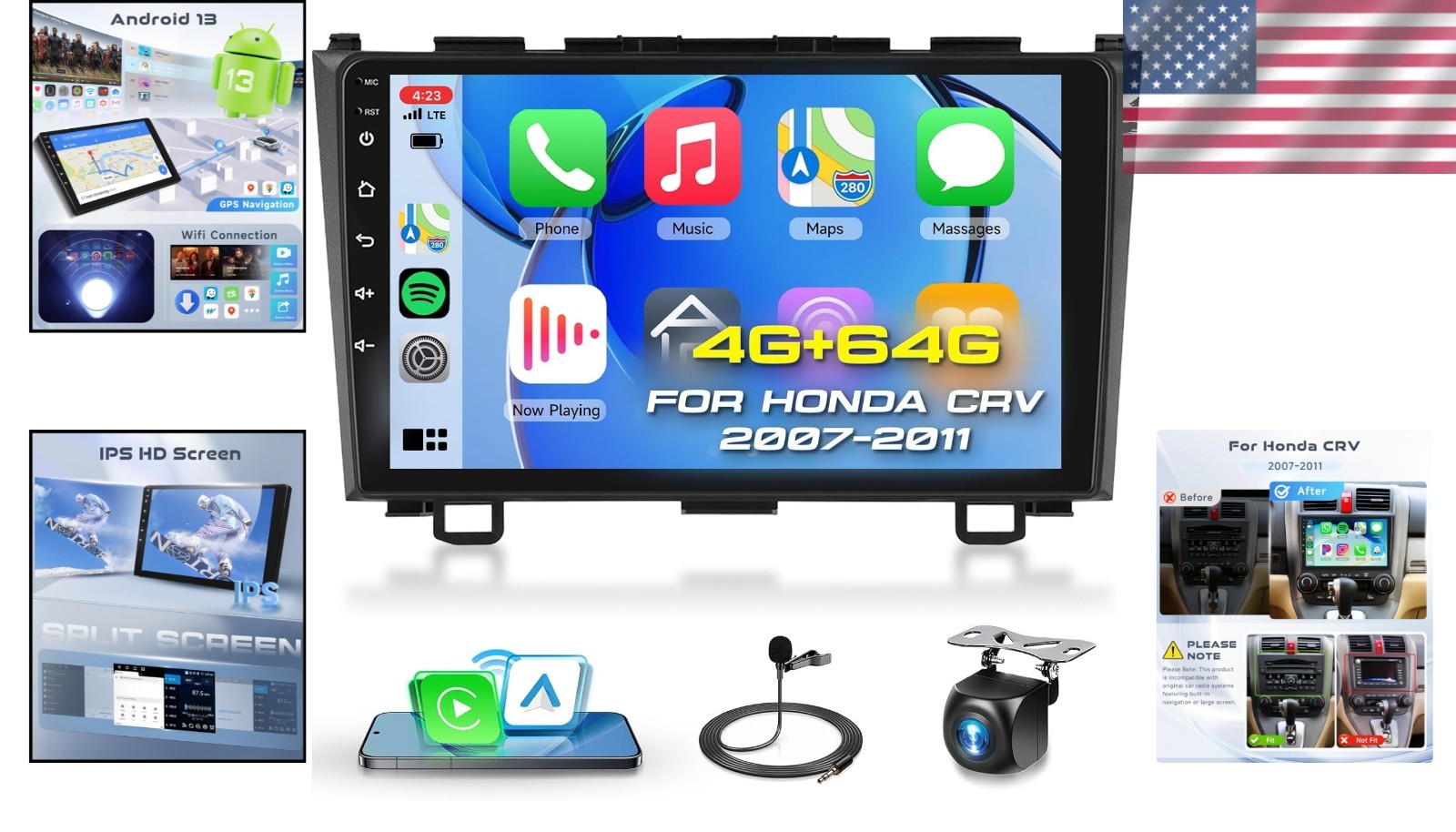 Dual Mic Bluetooth Car Stereo with Wireless Android Auto for Honda CRV 2007-2011