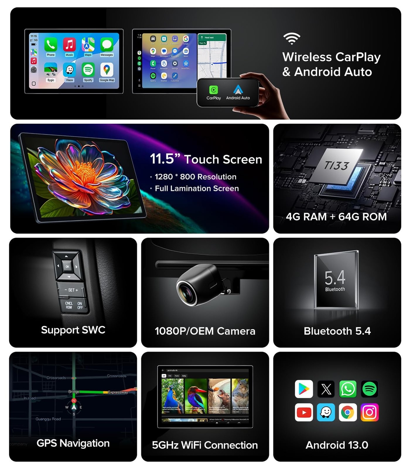 11.5”Car Radio for Toyota Tacoma Stereo 2005-2015 with Wireless CarPlay & An…