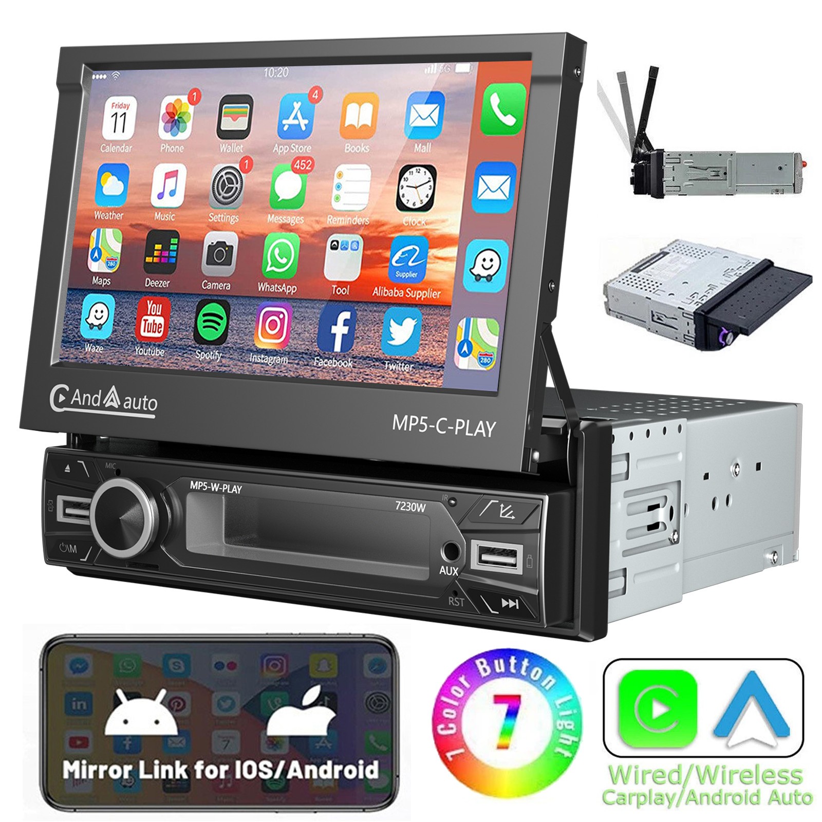 7″ Single 1 DIN Car Stereo Flip Out Touch Screen Radio Wireless Carplay MP5 USB