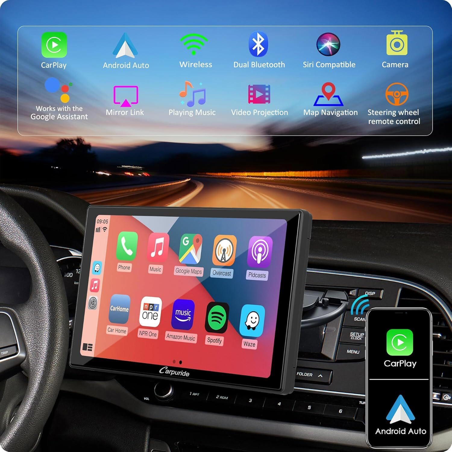 Carpuride W901Pro Car Stereo Apple CarPlay Radio Android Auto Audio Rear Camera