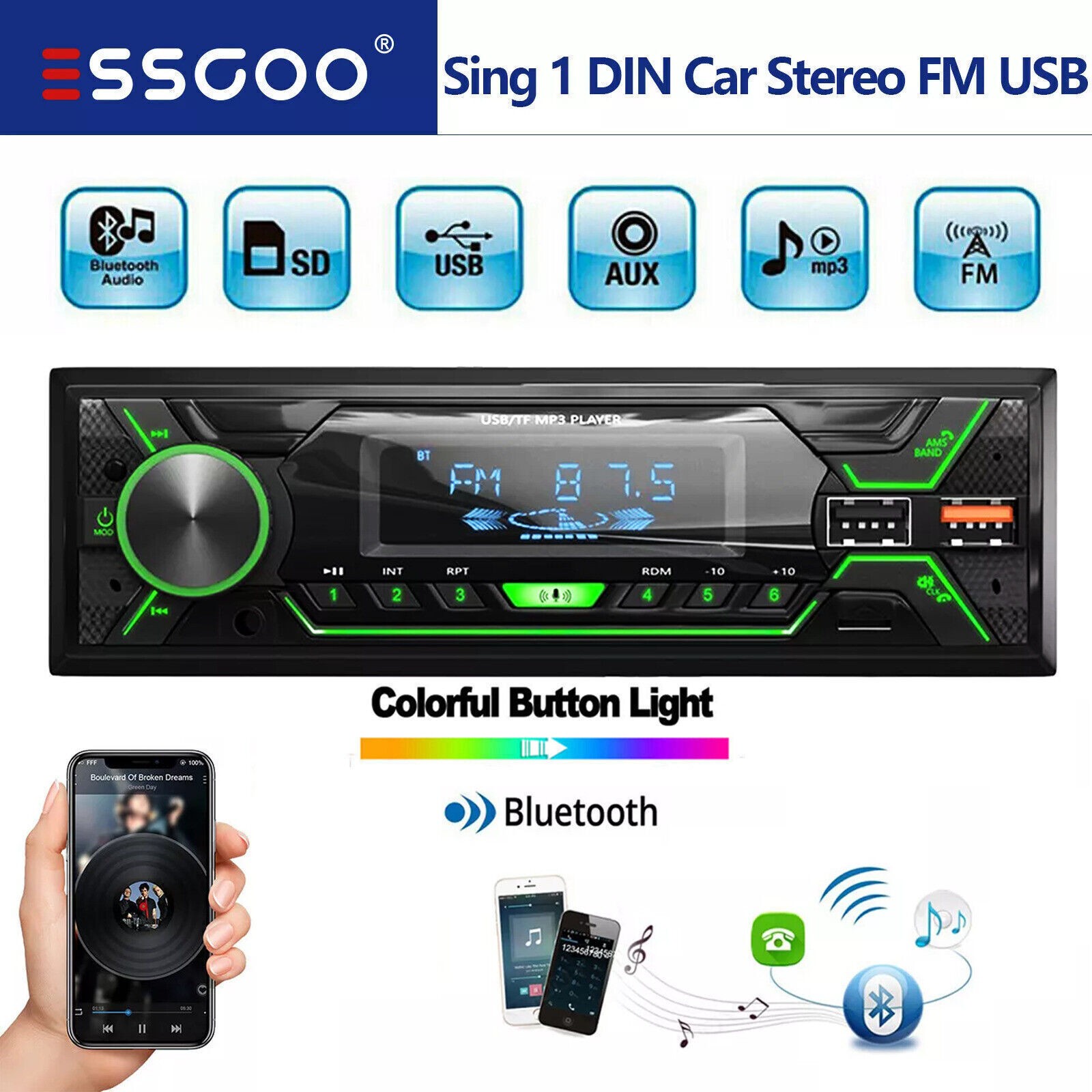 Single 1DIN Car Stereo Radio Head Unit Player MP3 FM USB Audio IN-Dash Bluetooth