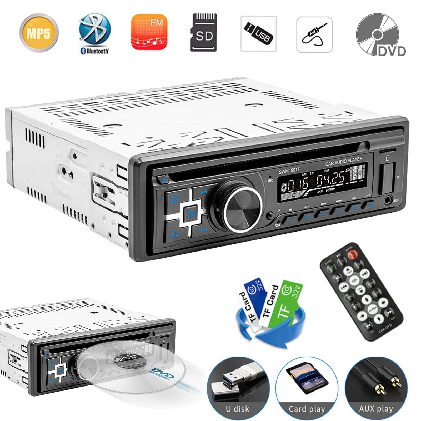 Single 1 DIN Car Stereo Bluetooth CD DVD Player FM AM RDS Radio MP3 USB SD AUX