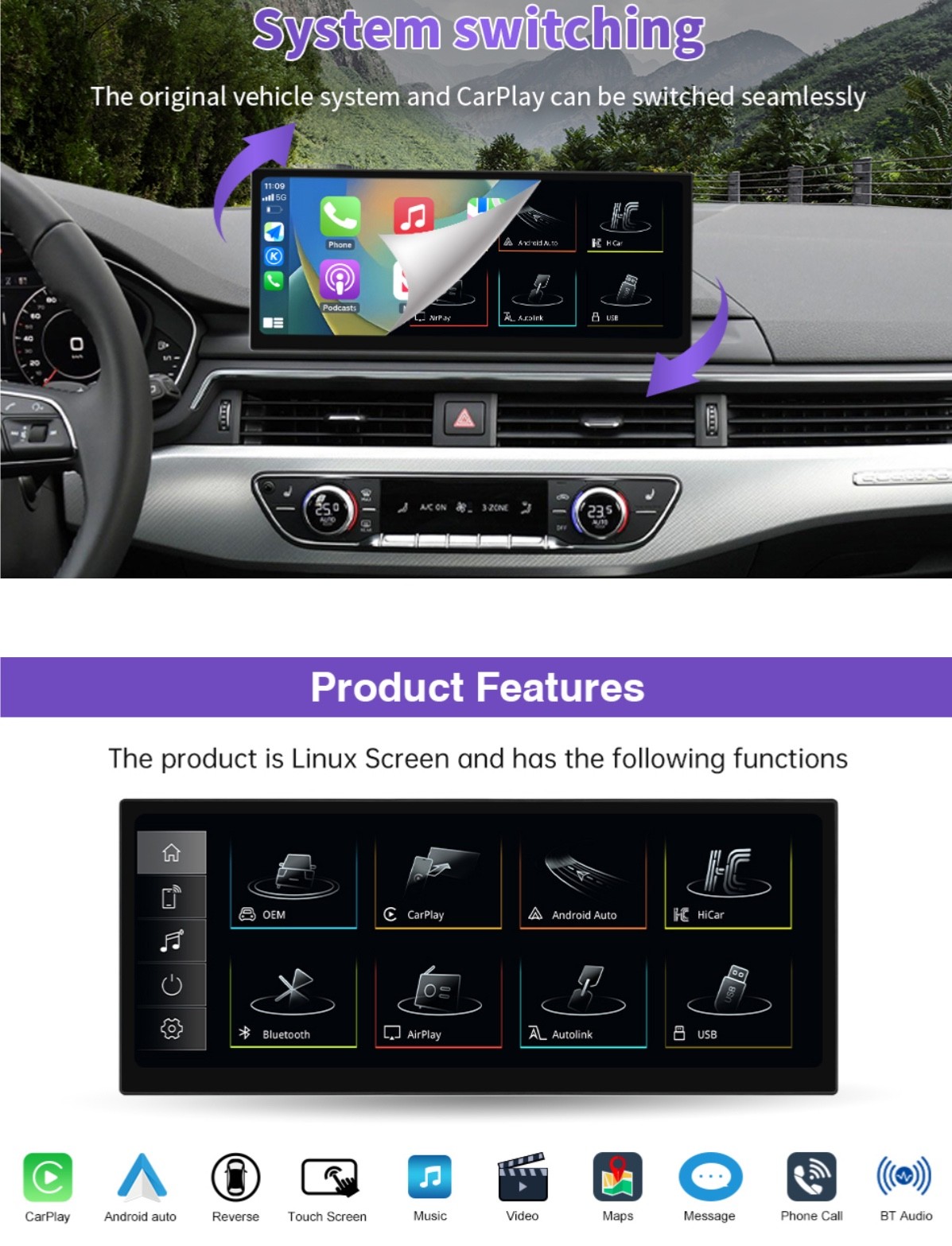 2025 Upgraded 12.3″ Ultra-Narrow Touchscreen Wireless CarPlay Android Auto Recei
