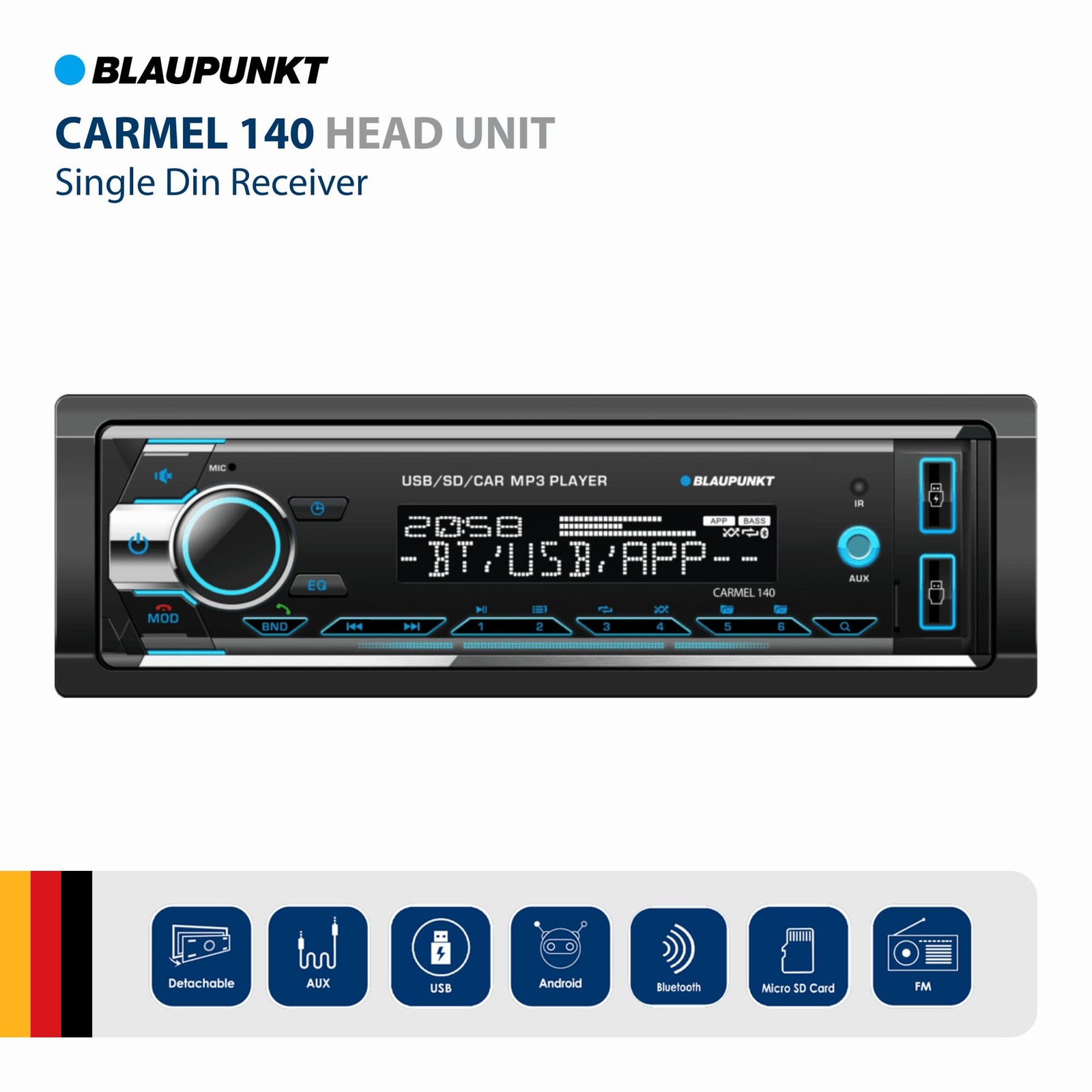 Blaupunkt Carmel 140 Bluetooth Car Stereo – 2 USB Ports, SD Card Slot, AM/FM…