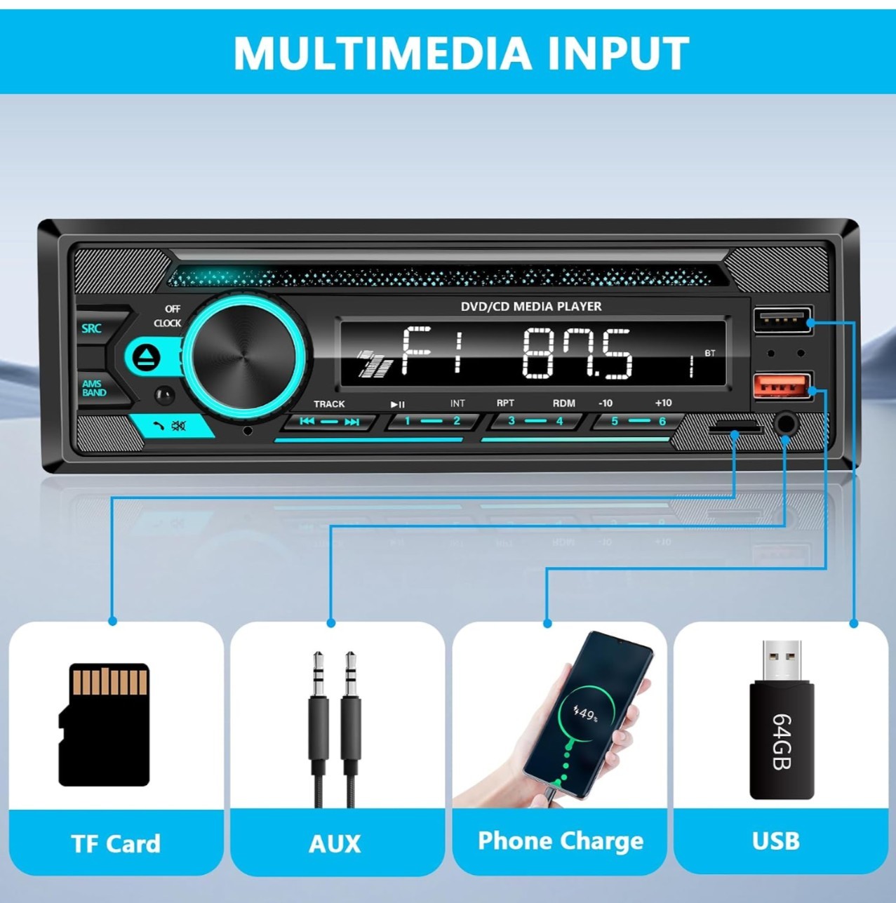 Single DIN CD/DVD Car Stereo – Bluetooth, App Control & 7-Color Backlit Display