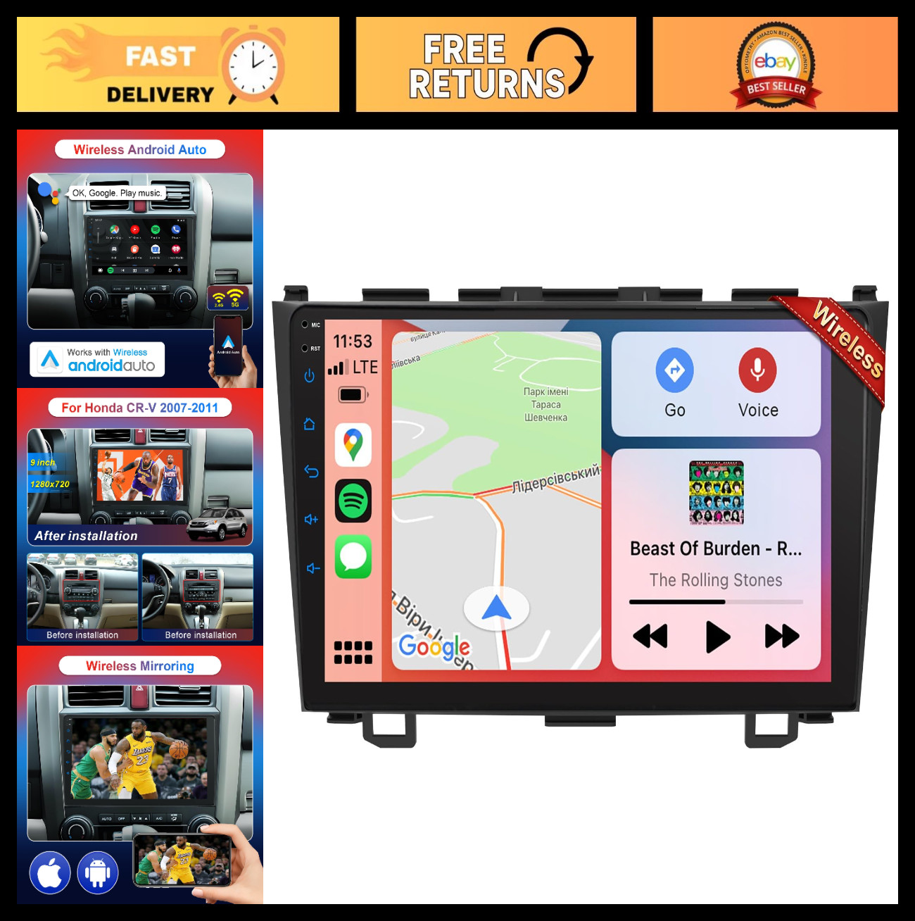 9″ Touch Screen Car Stereo for Honda CRV 2007-2011, Wireless CarPlay, Android Au