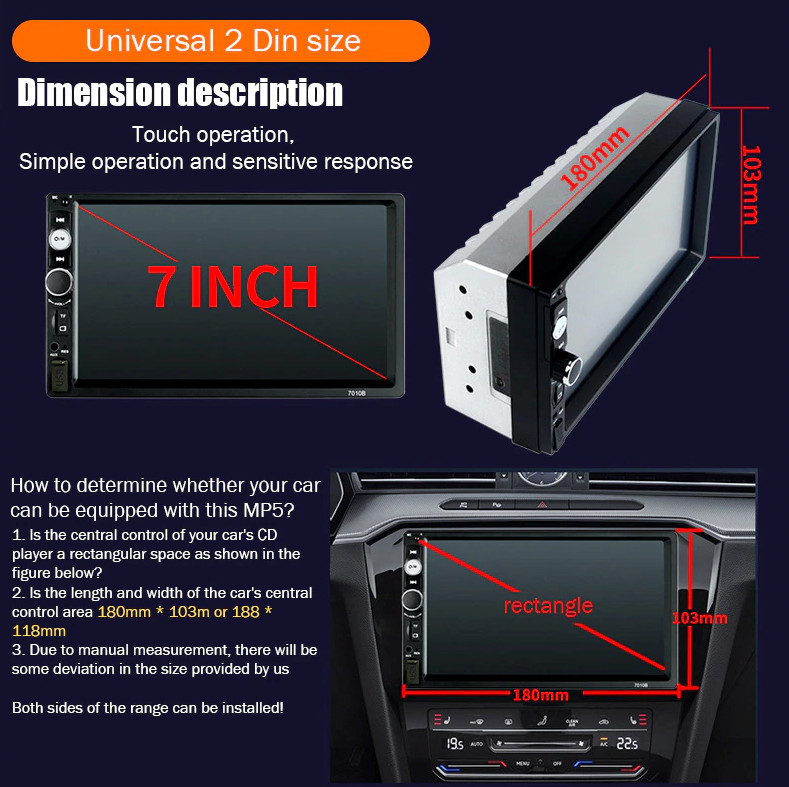7″ Double 2 DIN Car MP5 Player Bluetooth Touch Screen Stereo Radio With Camera
