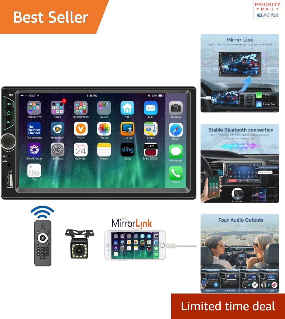 Double Din 7inch Car Stereo with Bluetooth 5.0 and Mirror Link Backup Camera