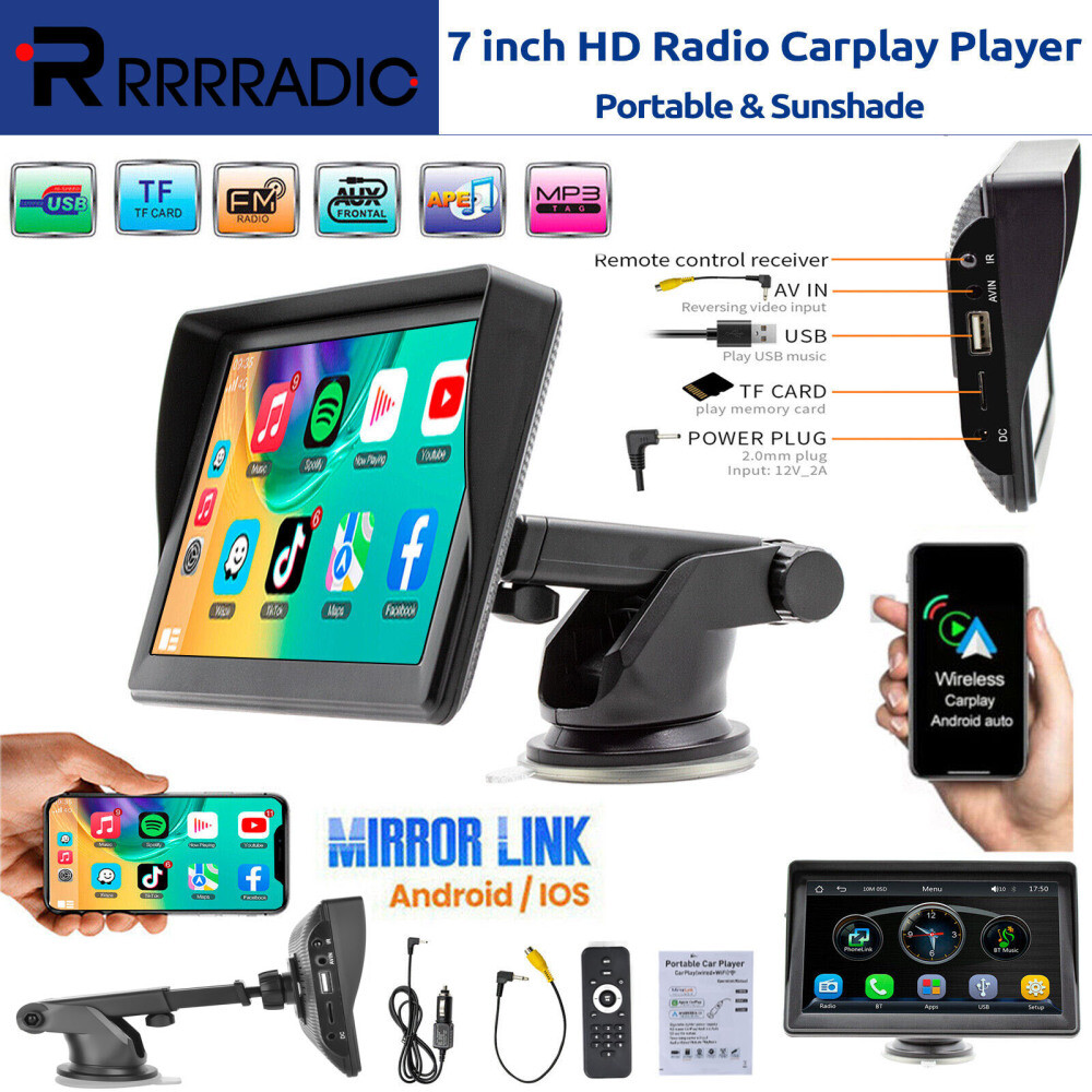 7” Portable Wireless Apple CarPlay Android Auto Stereo Touch Screen Car Radio