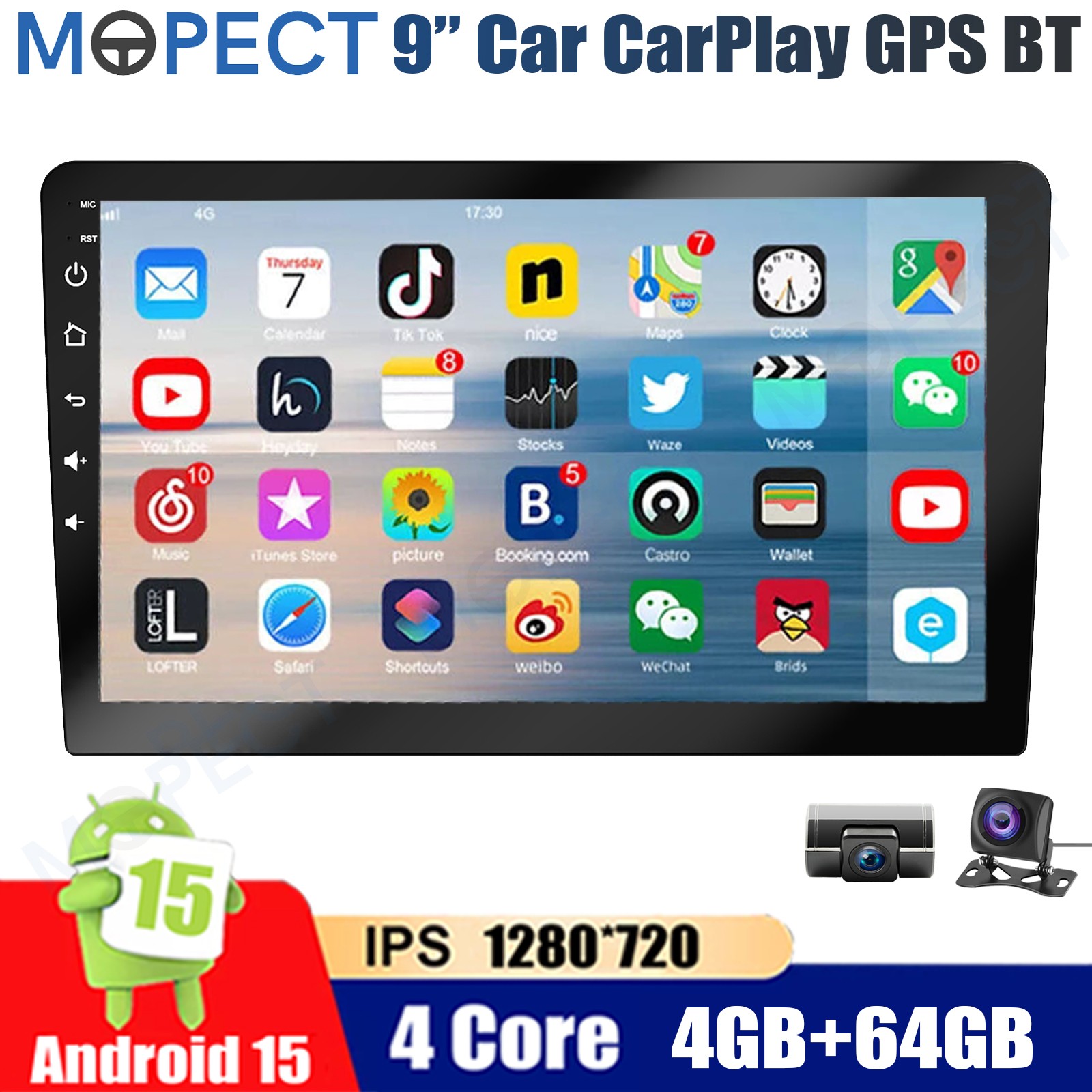 4+64G 9″ Double Din DVR+ Android 15 Car Stereo Radio Carplay Head Unit BT FM+AHD