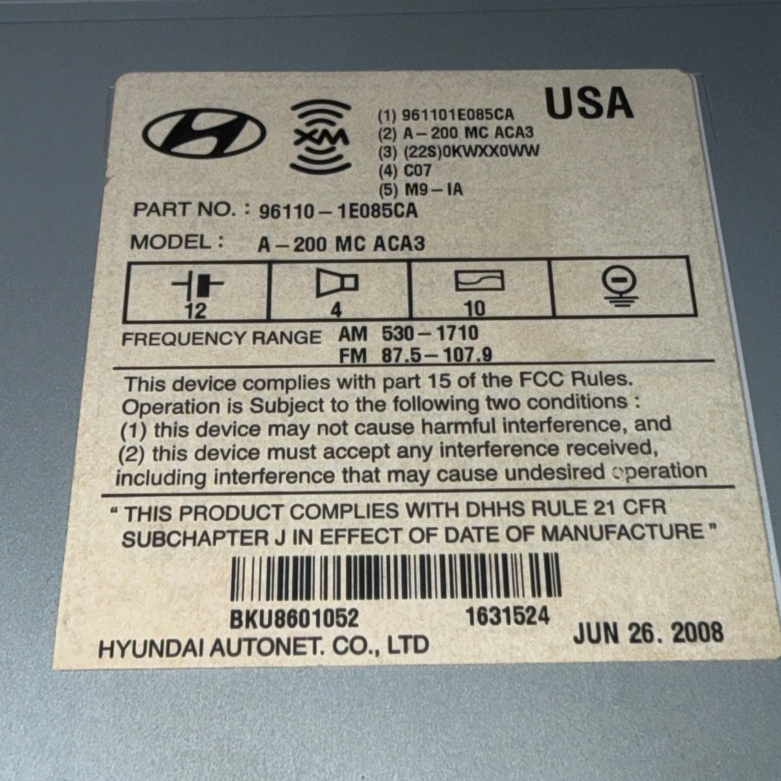 Hyundai Autonet Radio CD MP3 XM Player OEM 96110-1E085CA Model A-200 MC ACA3