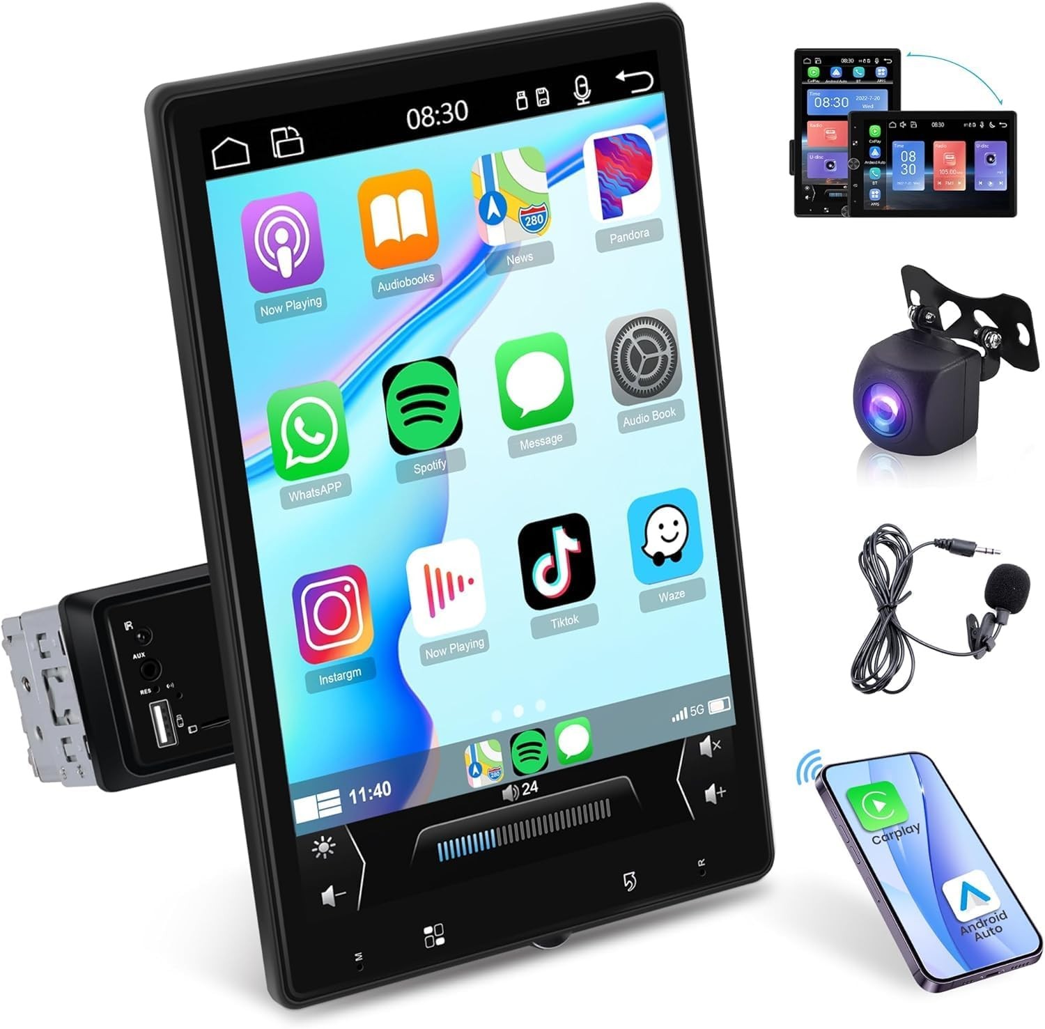 10.4″ Single 1 Din Touch Screen Stereo Bluetooth Radio Car Apple/Android Carplay