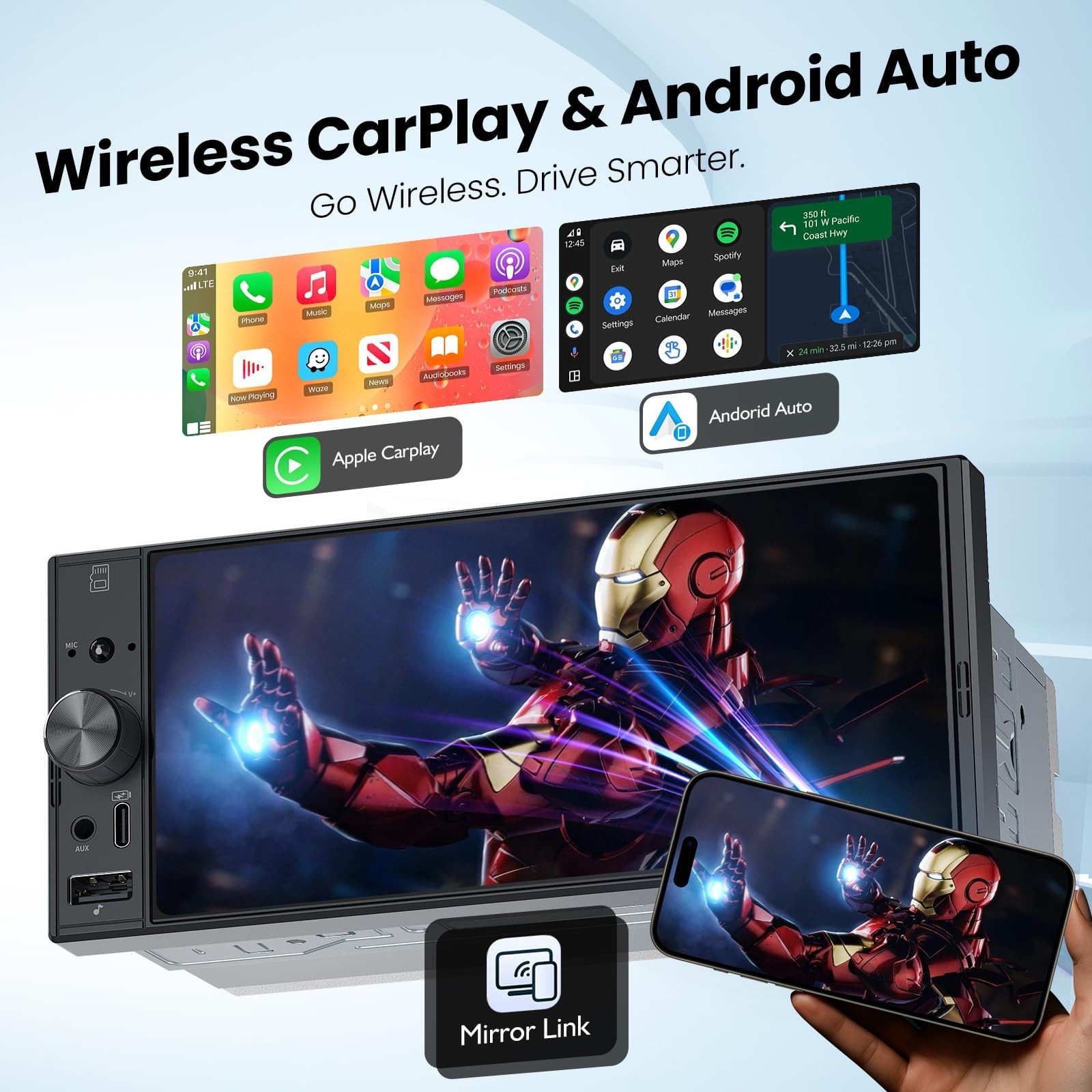 6.9″ Single Din Car Stereo with Apple CarPlay, Android Auto, Bluetooth 5.3, 1080
