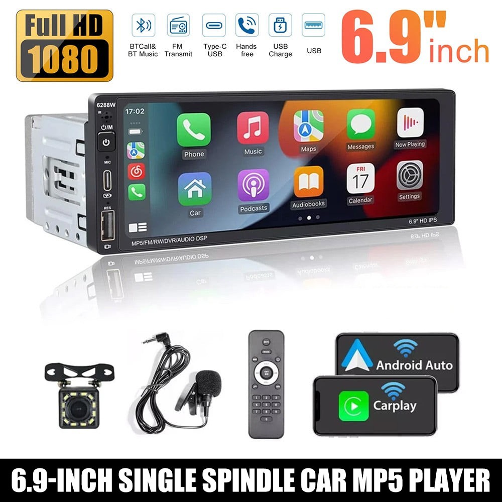 Single Din 6.9 Touch Screen Stereo Bluetooth Radio Car Apple/Android Carplay GPS