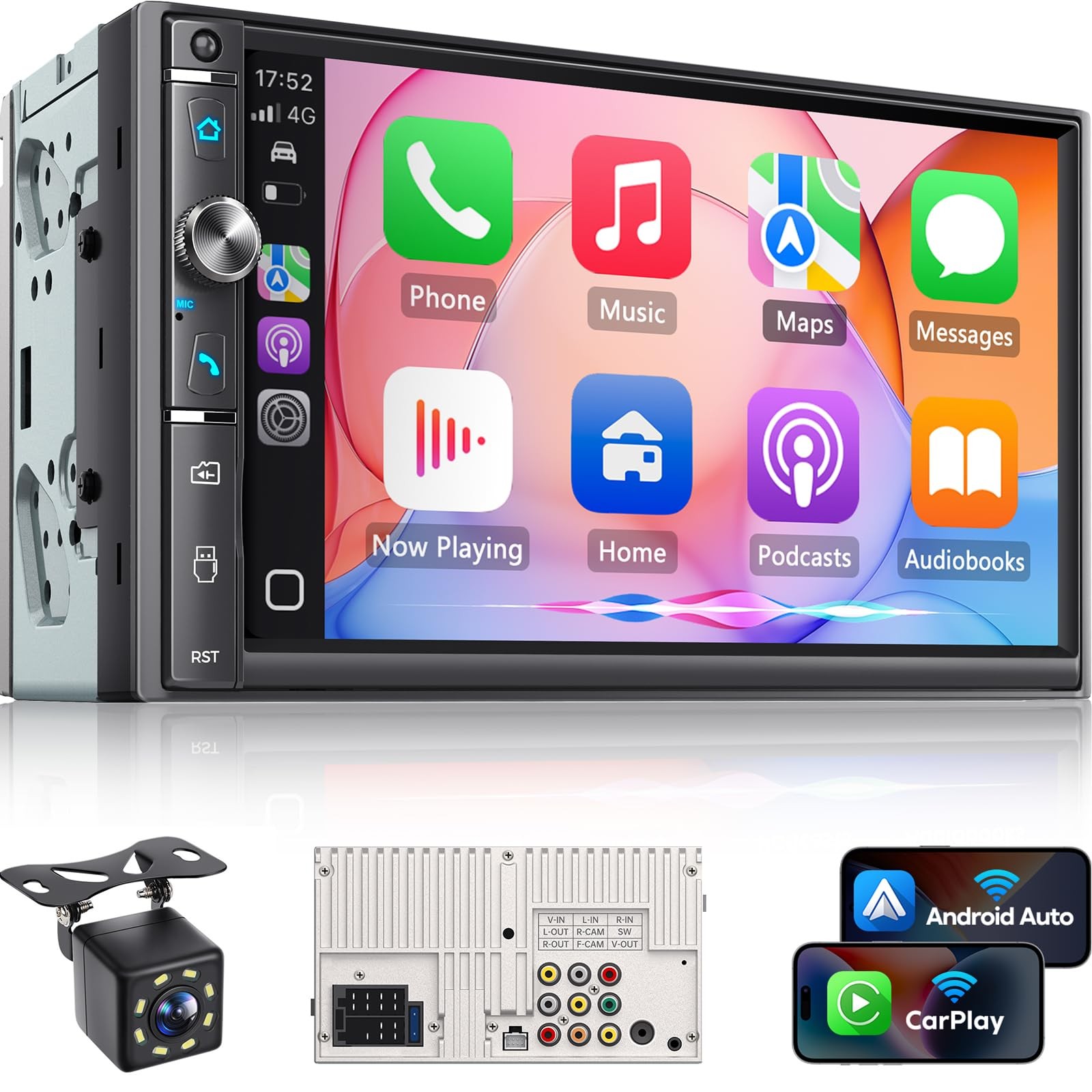 Kissound 7″ Double Din Car Stereo, Wireless Apple Carplay & Android Auto, HD …