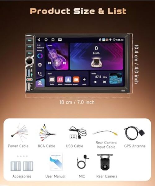 Android 4G+64G Double Din Car Stereo with Wireless 7 inch+Colorful Light