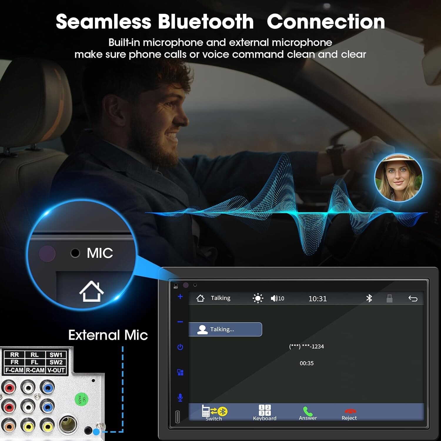 Double Din Wireless CarPlay Stereo Android Touchscreen Bluetooth, Backup Cam