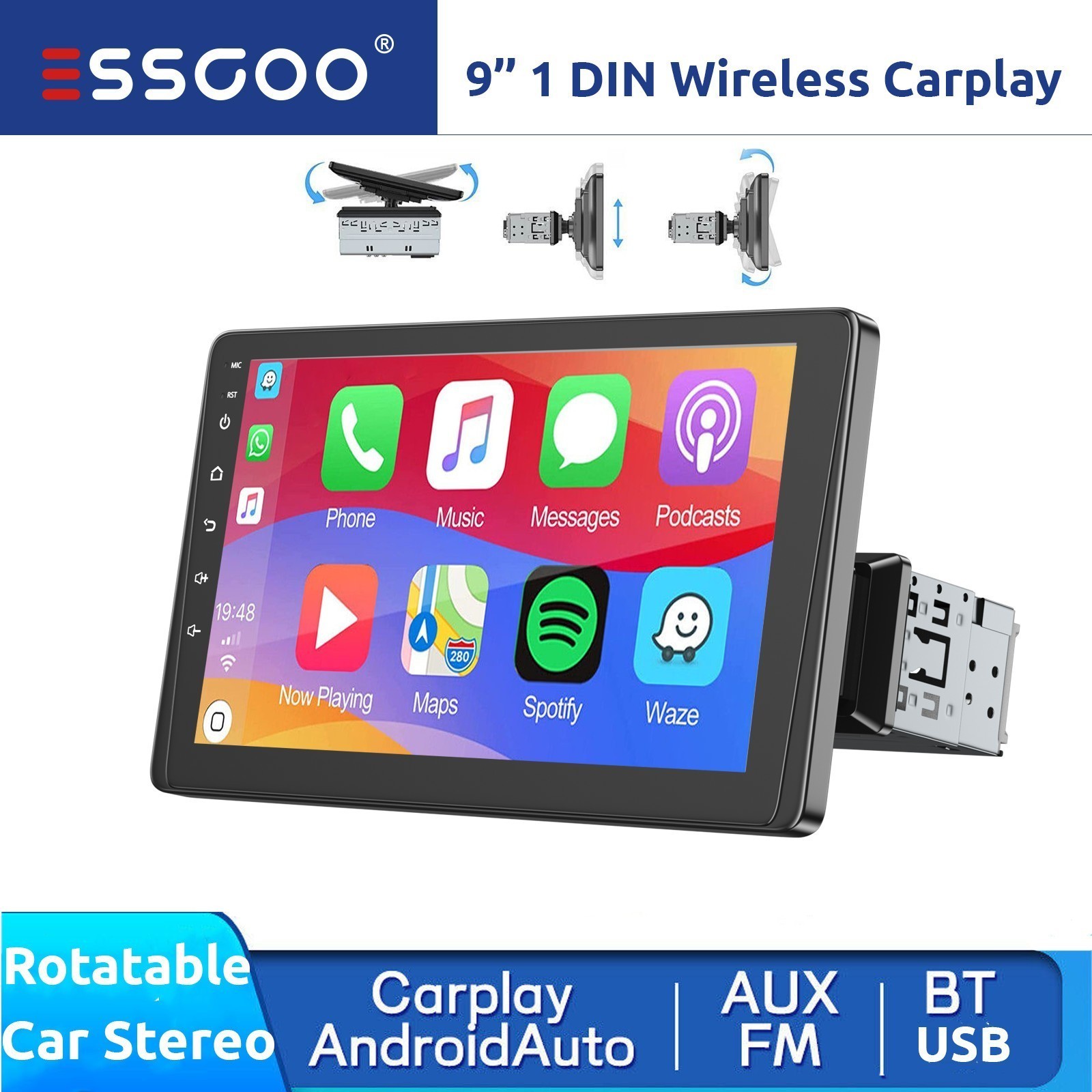 9″ Rotatable Single 1 DIN Car Stereo MP5 Apple CarPlay Android Auto BT USB/TF/FM