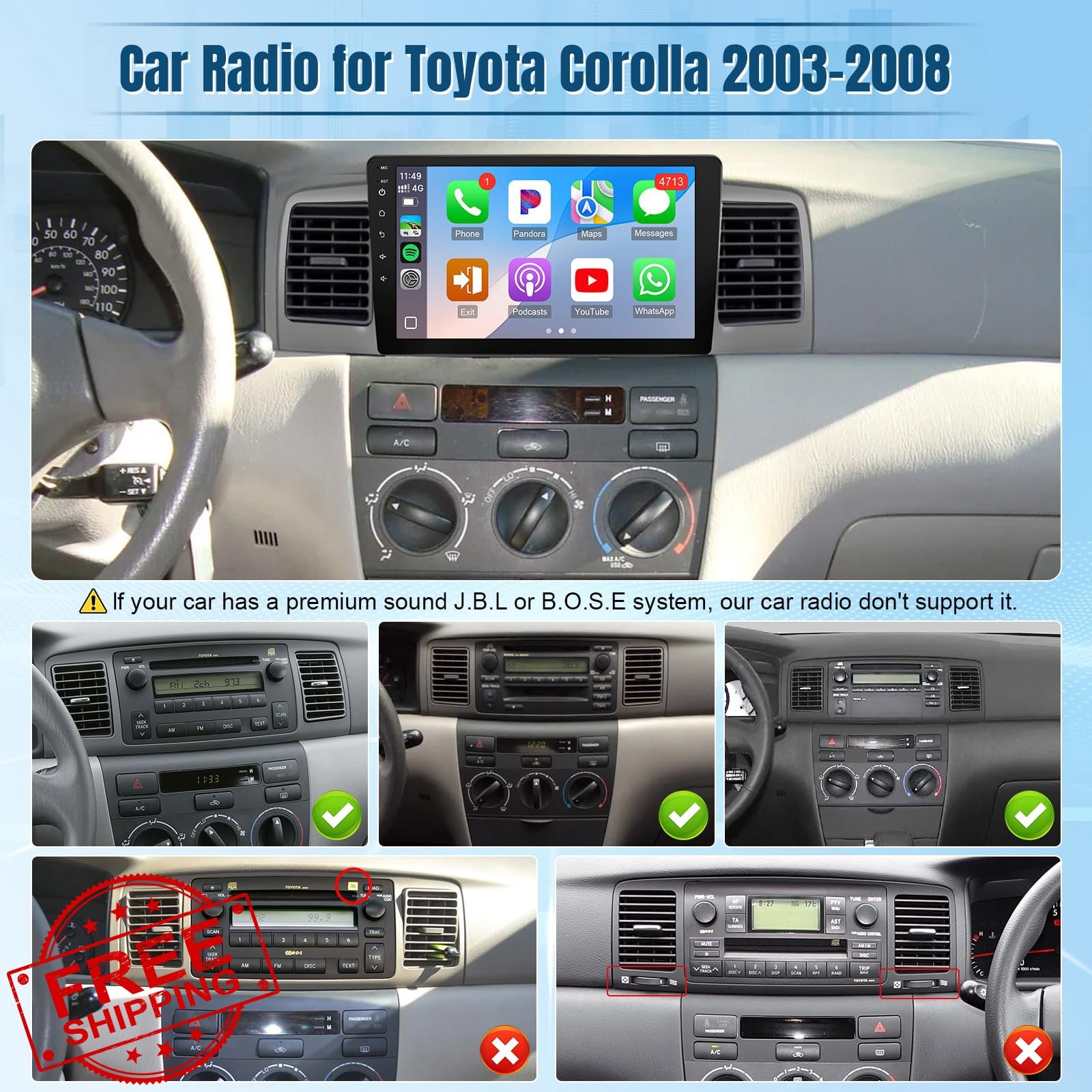 Naifay Android 12 Car Stereo Toyota Corolla 03-08 9″ Touchscreen CarPlay