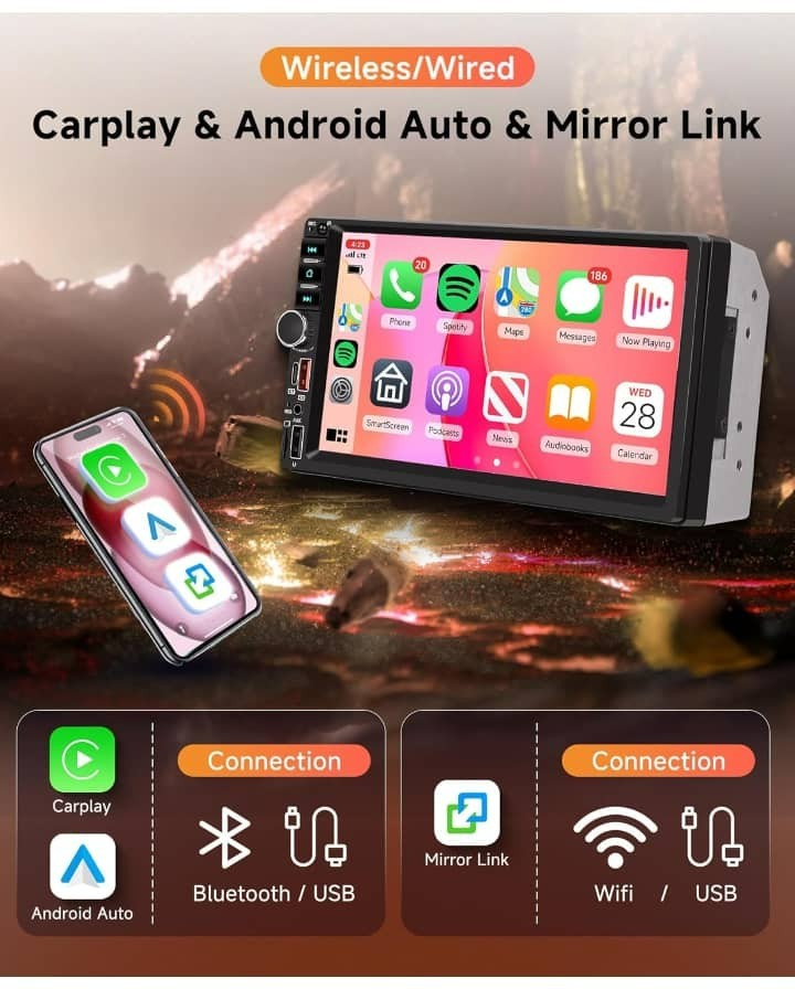 Double Din Car Stereo, 7 Inch Touch Screen Wireless Carplay & Android Au