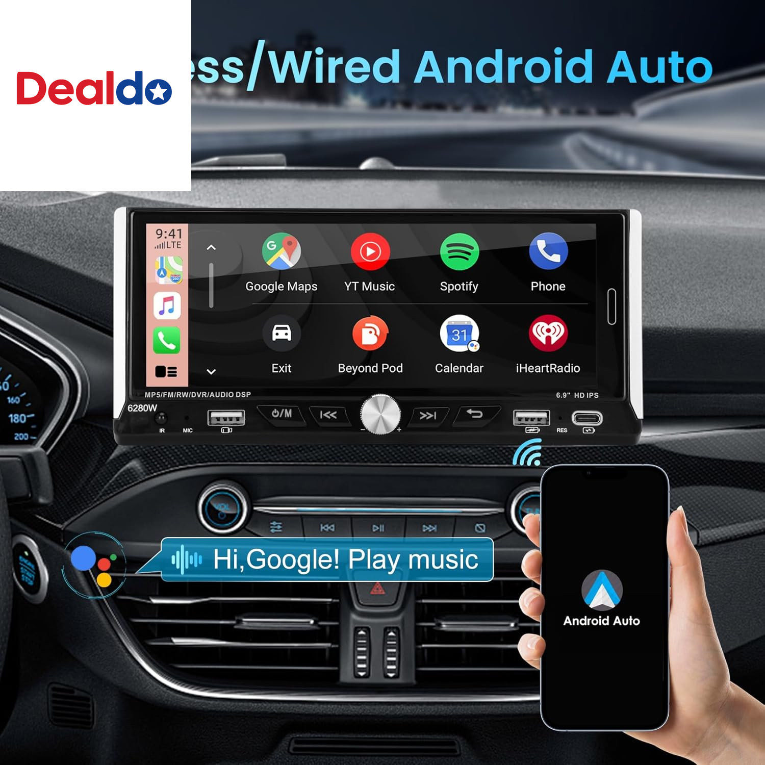 Single Din Car Stereo with Wireless Apple Carplay Android Auto, 6.9″ IPS Touchsc