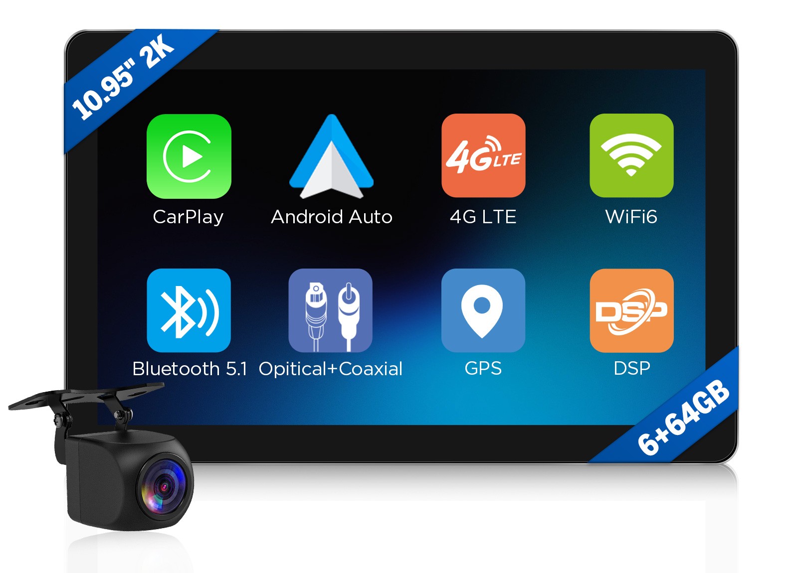 1DIN Car Stereo Android 13 6+64G 8-Core Wireless Apple CarPlay 10.95″ 2K GPS DSP