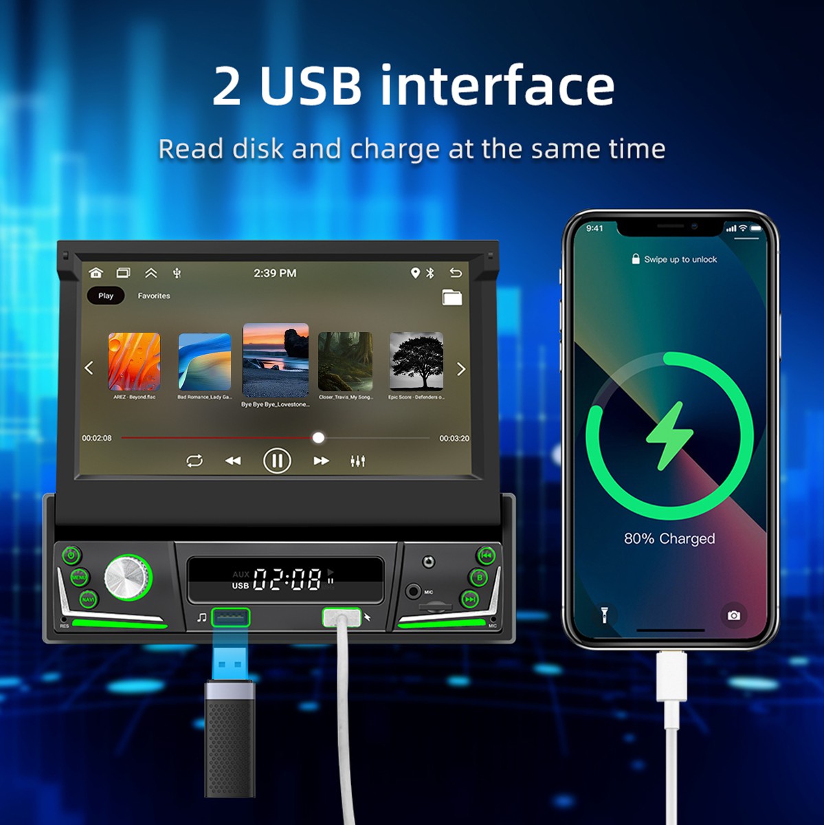 7” Single Din Android 15 Retractable Screen Car Radio GPS WIFI Carplay + Remote